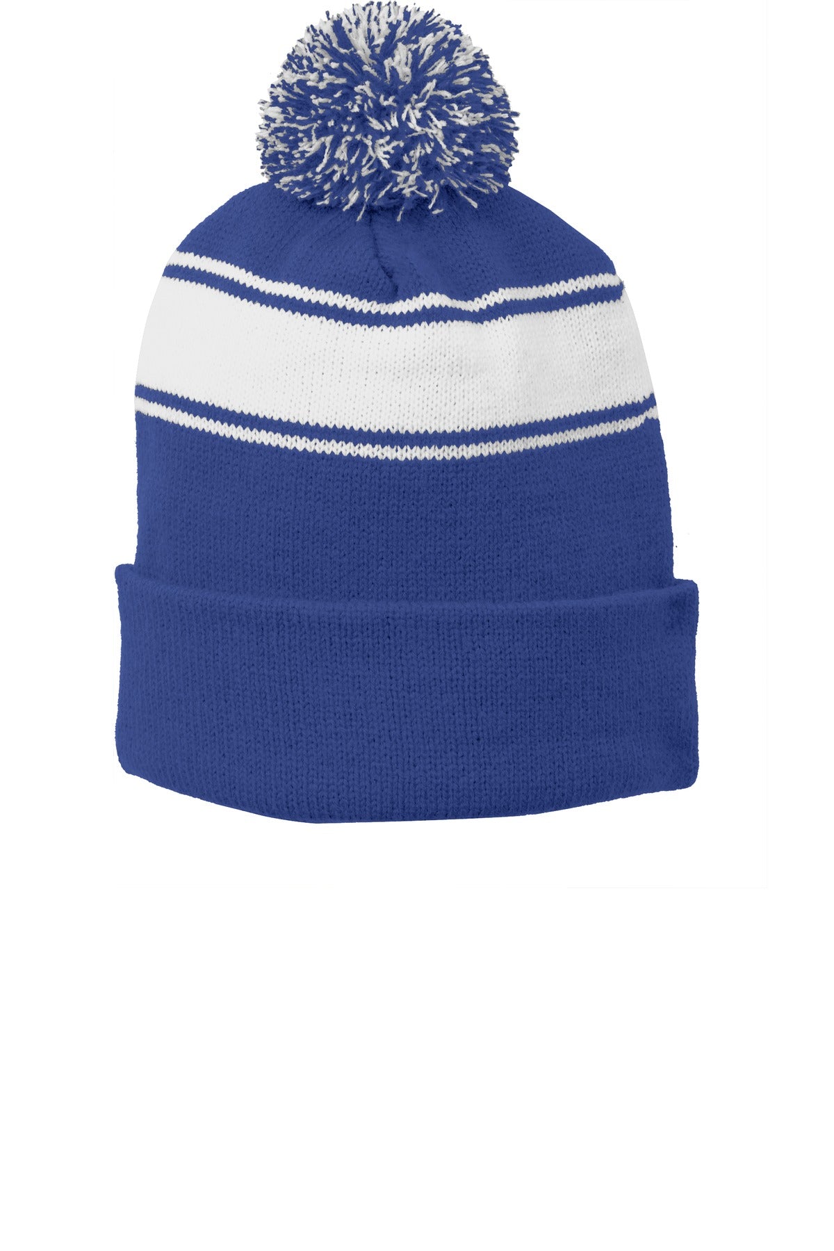 Custom True Royal/ White Stripe Pom Pom Beanie STC28, personalized by SanCanDo Swag in Argyle, TX
