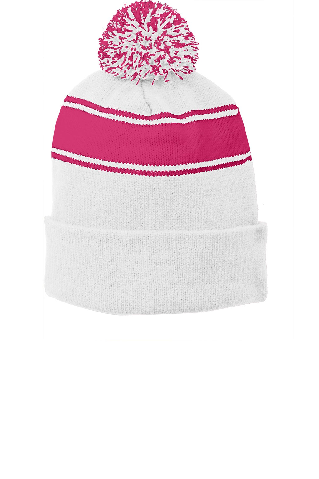 Custom White/ Pink Raspberry Stripe Pom Pom Beanie STC28, personalized by SanCanDo Swag in Argyle, TX