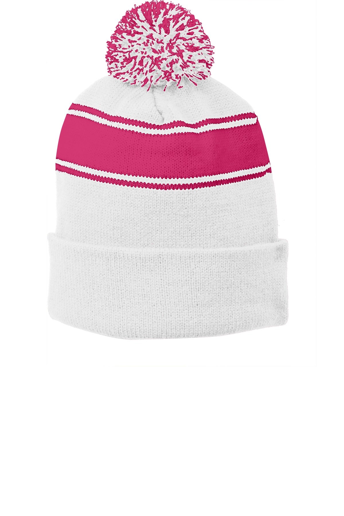 Custom White/ Pink Raspberry Stripe Pom Pom Beanie STC28, personalized by SanCanDo Swag in Argyle, TX
