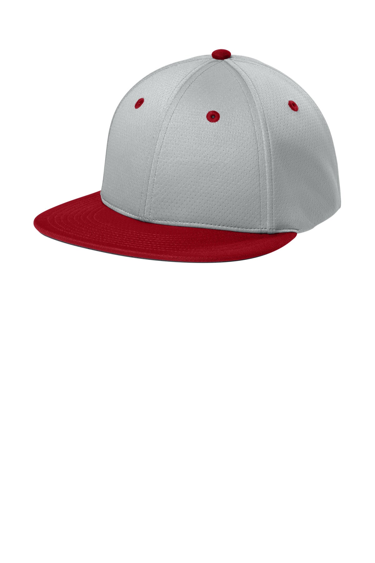 Custom Silver/ Deep Red/ Silver Impact Mesh Stretch-Tek Cap STC70, personalized by SanCanDo Swag in Argyle, TX