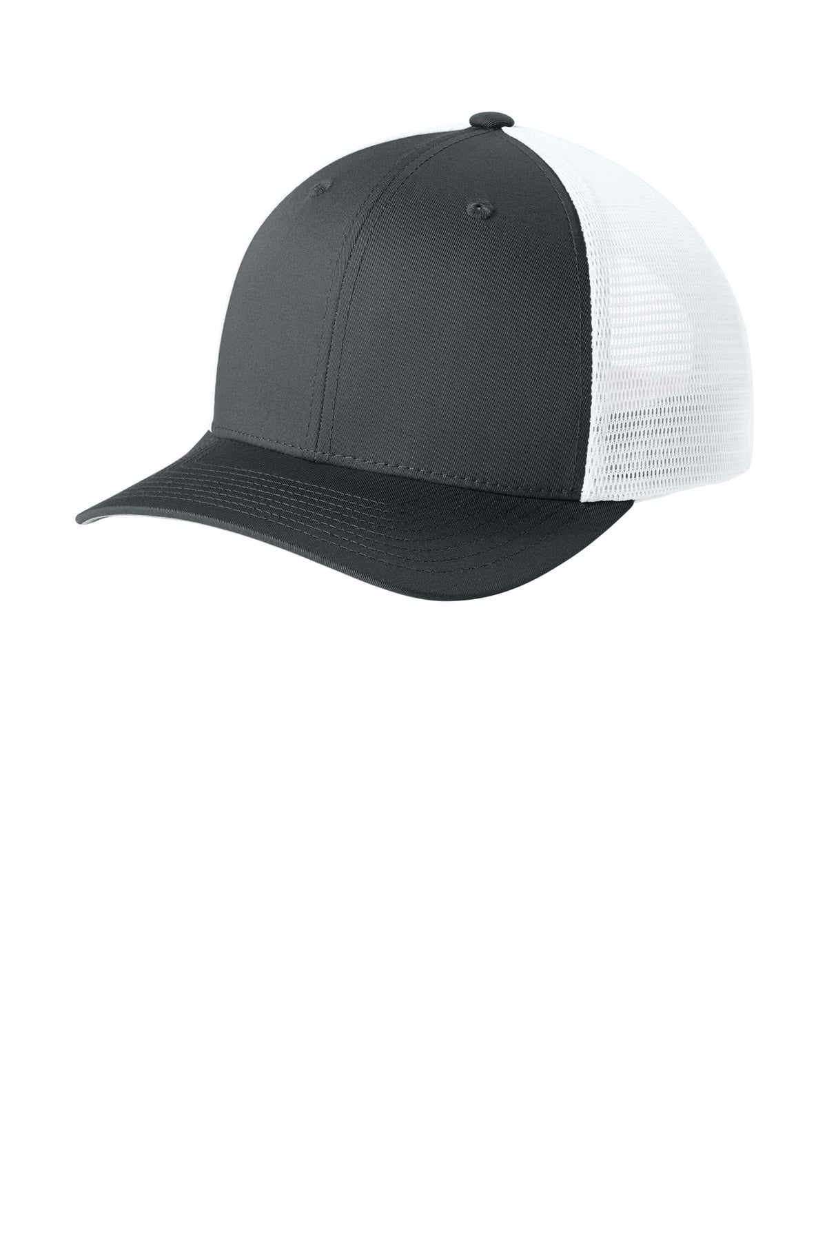 Custom Iron Grey/ White Stretch-Tek Snapback Trucker Cap STC74, personalized by SanCanDo Swag in Argyle, TX