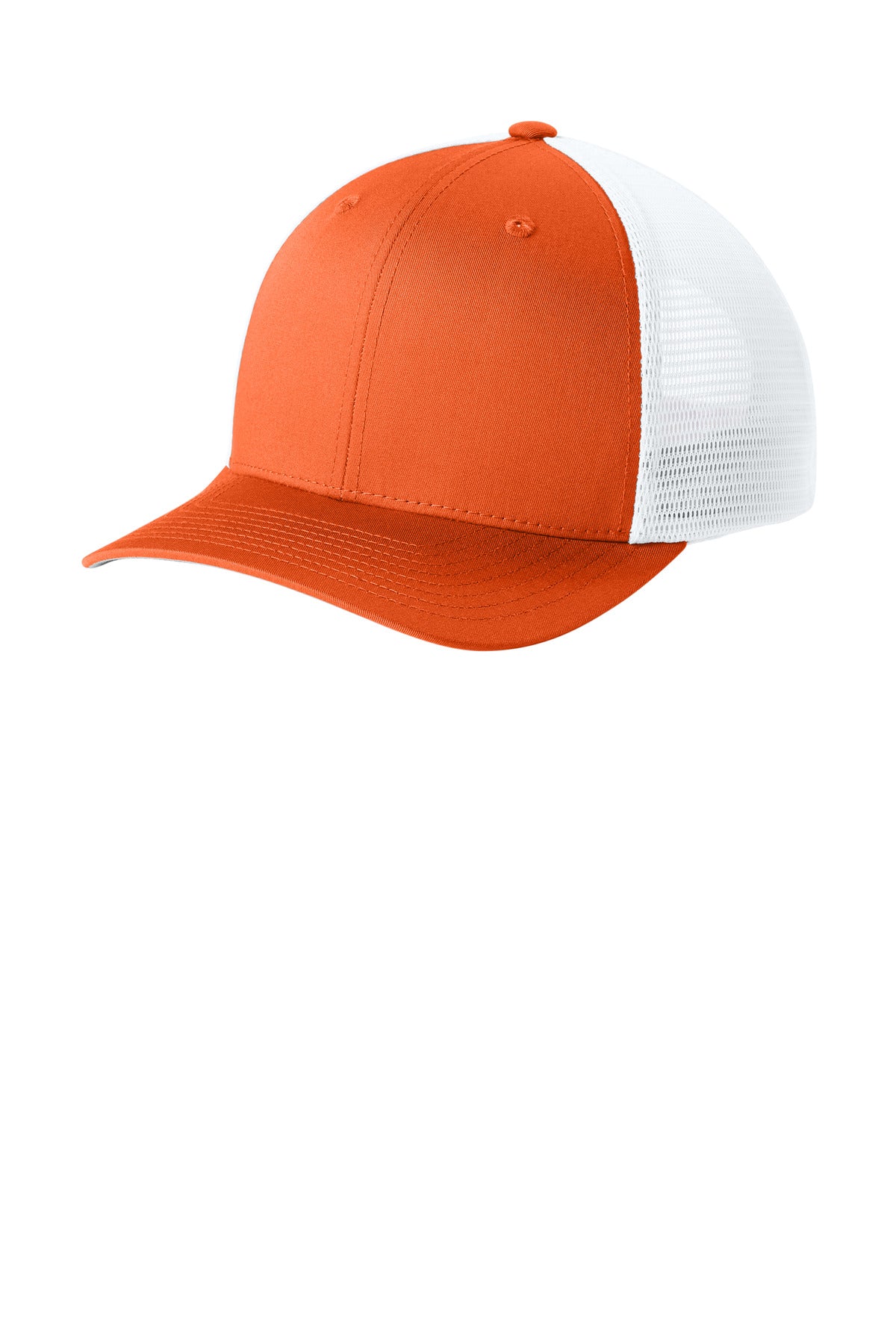 Custom Deep Orange/ White Stretch-Tek Snapback Trucker Cap STC74, personalized by SanCanDo Swag in Argyle, TX