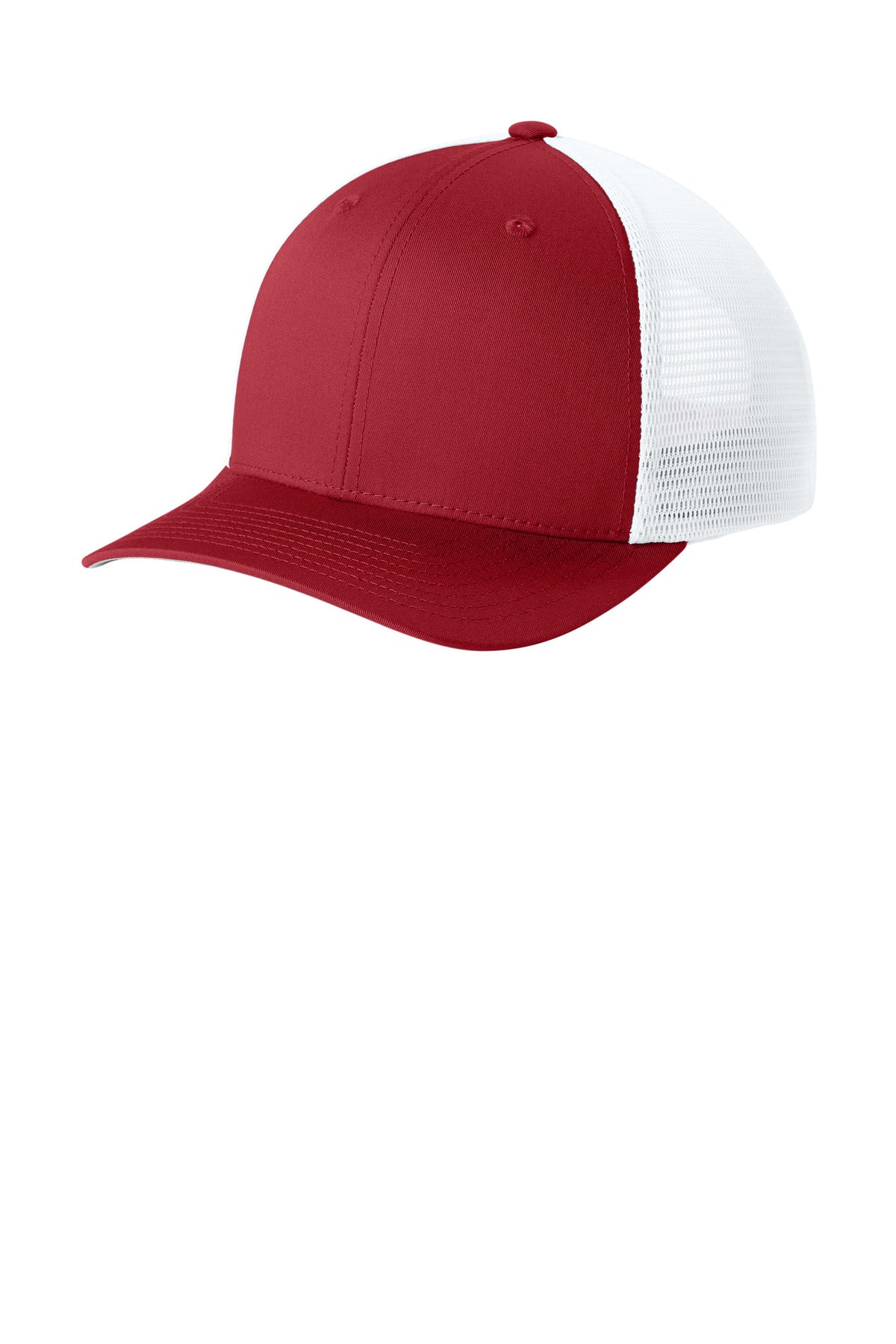 Custom Deep Red/ White Stretch-Tek Snapback Trucker Cap STC74, personalized by SanCanDo Swag in Argyle, TX
