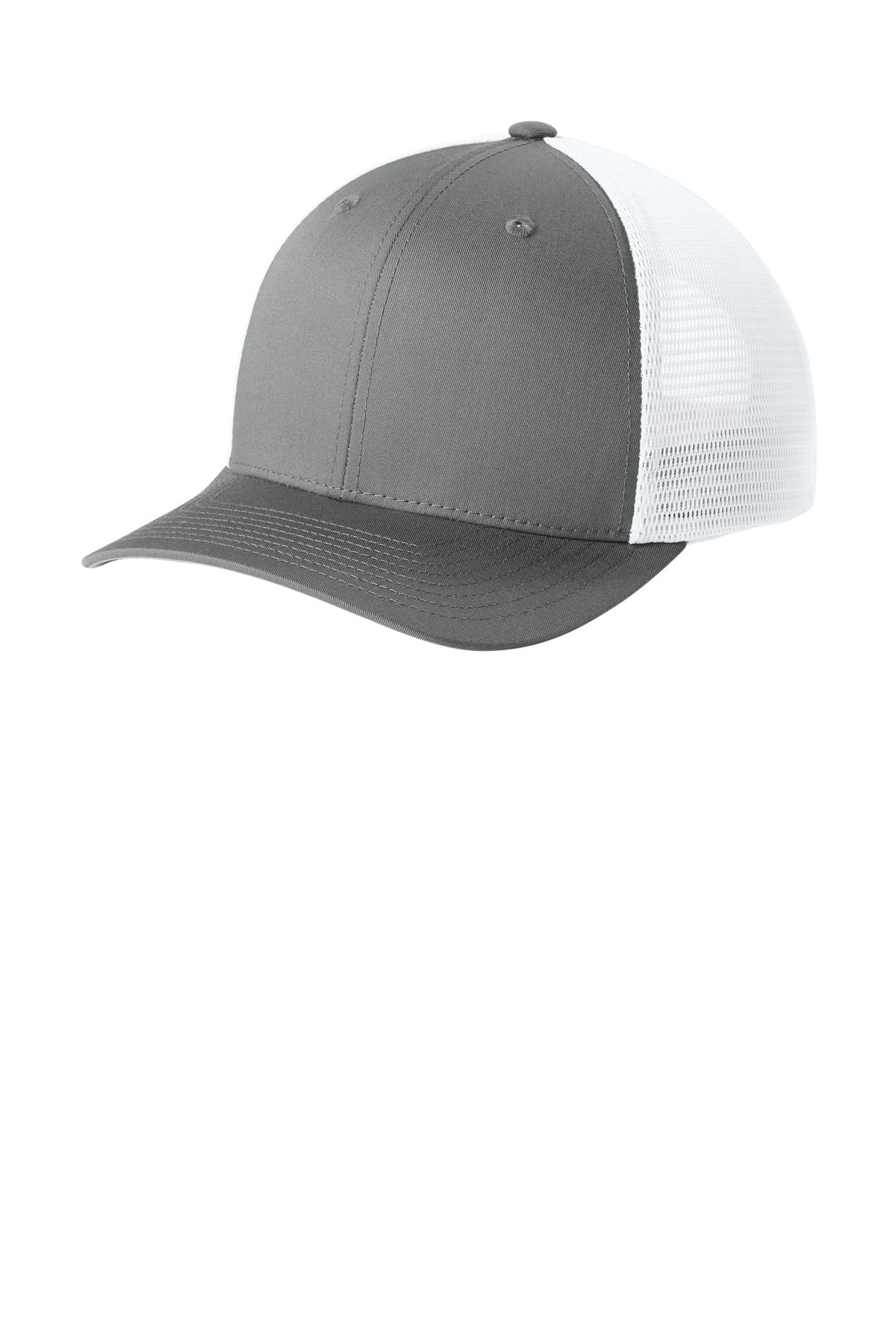 Custom Grey Concrete/ White Stretch-Tek Snapback Trucker Cap STC74, personalized by SanCanDo Swag in Argyle, TX