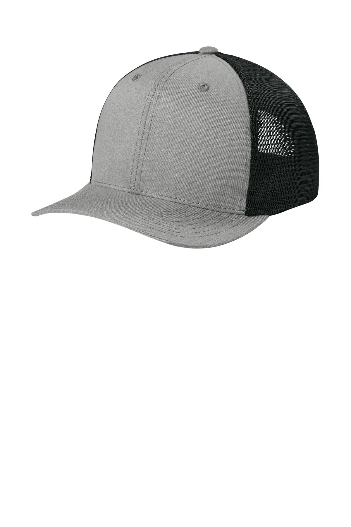 Custom Heather Grey/ Black Stretch-Tek Snapback Trucker Cap STC74, personalized by SanCanDo Swag in Argyle, TX