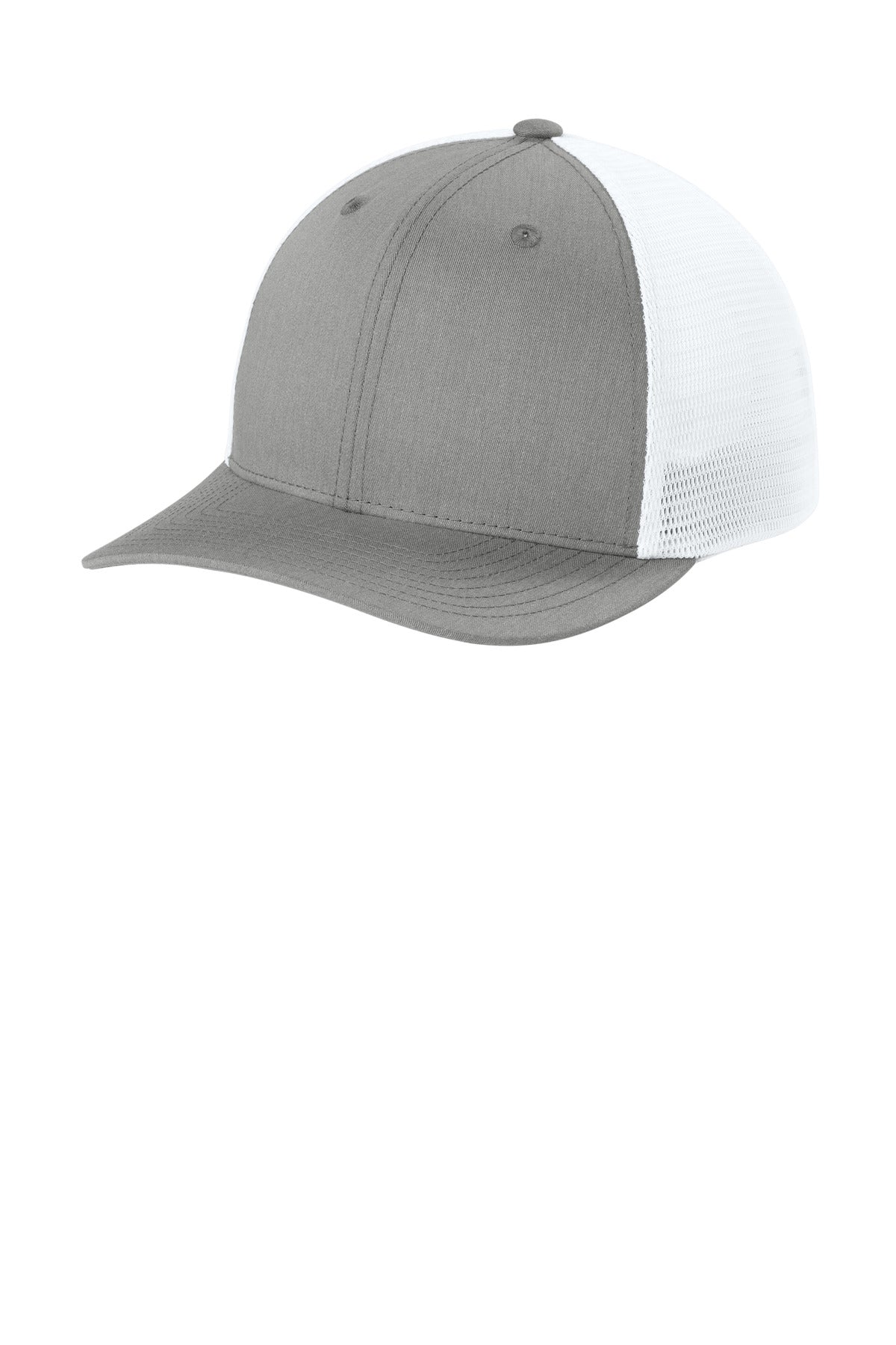 Custom Heather Grey/ White Stretch-Tek Snapback Trucker Cap STC74, personalized by SanCanDo Swag in Argyle, TX