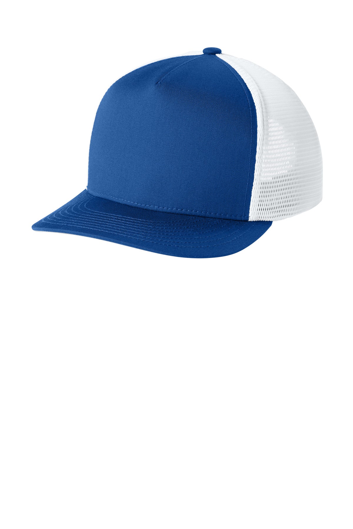 Custom True Royal/ White Stretch-Tek 5-Panel Trucker Cap STC75, personalized by SanCanDo Swag in Argyle, TX