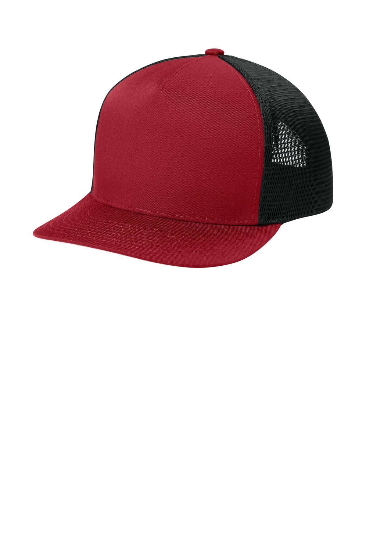 Custom Deep Red/ Black Stretch-Tek 5-Panel Trucker Cap STC75, personalized by SanCanDo Swag in Argyle, TX