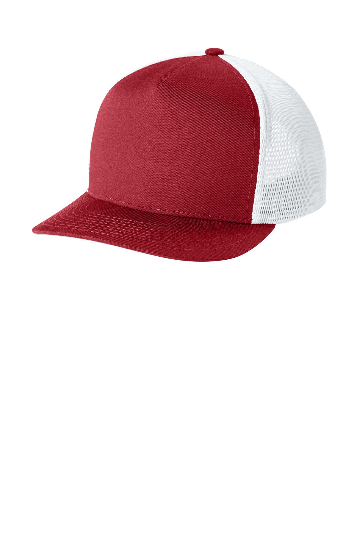 Custom Deep Red/ White Stretch-Tek 5-Panel Trucker Cap STC75, personalized by SanCanDo Swag in Argyle, TX