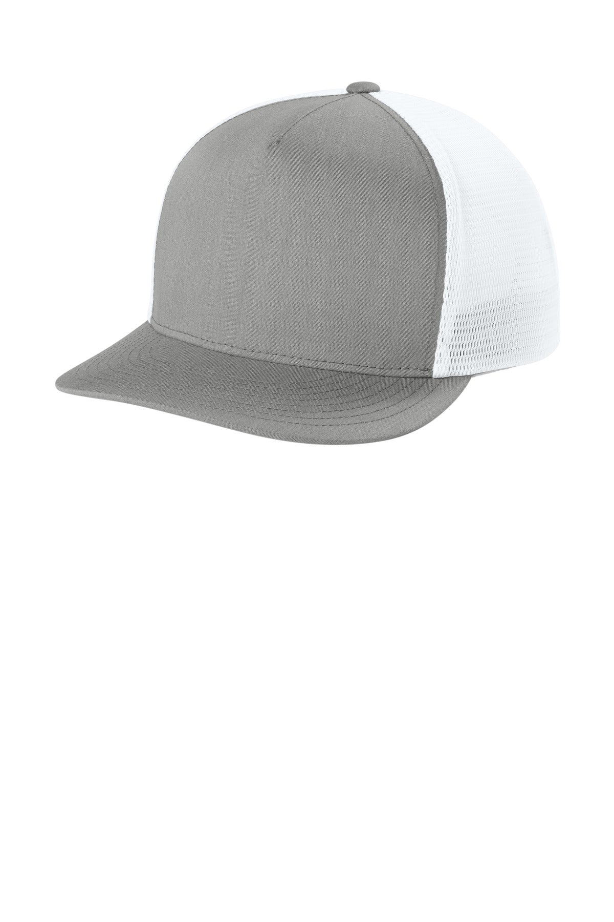 Custom Heather Grey/ White Stretch-Tek 5-Panel Trucker Cap STC75, personalized by SanCanDo Swag in Argyle, TX
