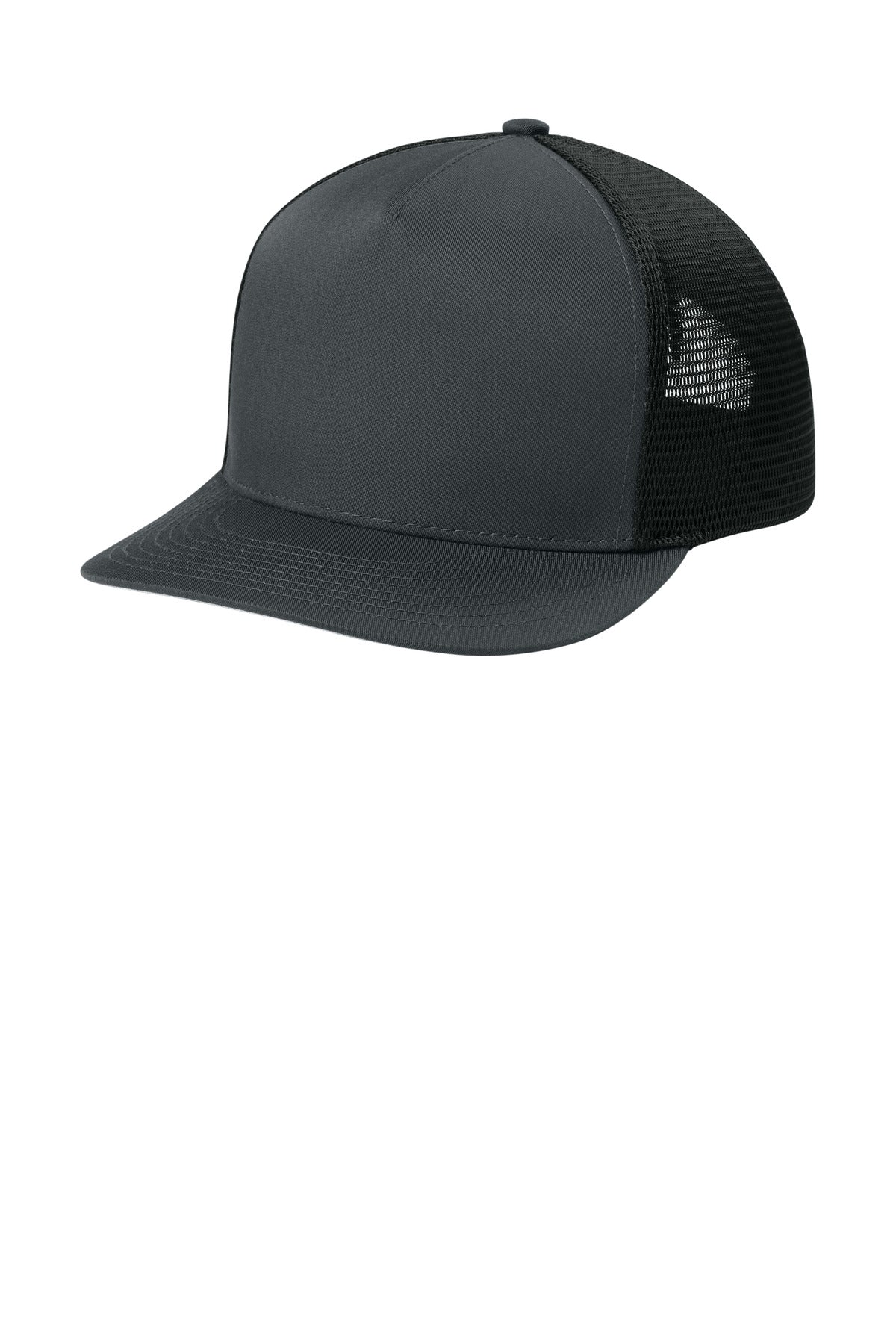 Custom Iron Grey/ Black Stretch-Tek 5-Panel Trucker Cap STC75, personalized by SanCanDo Swag in Argyle, TX