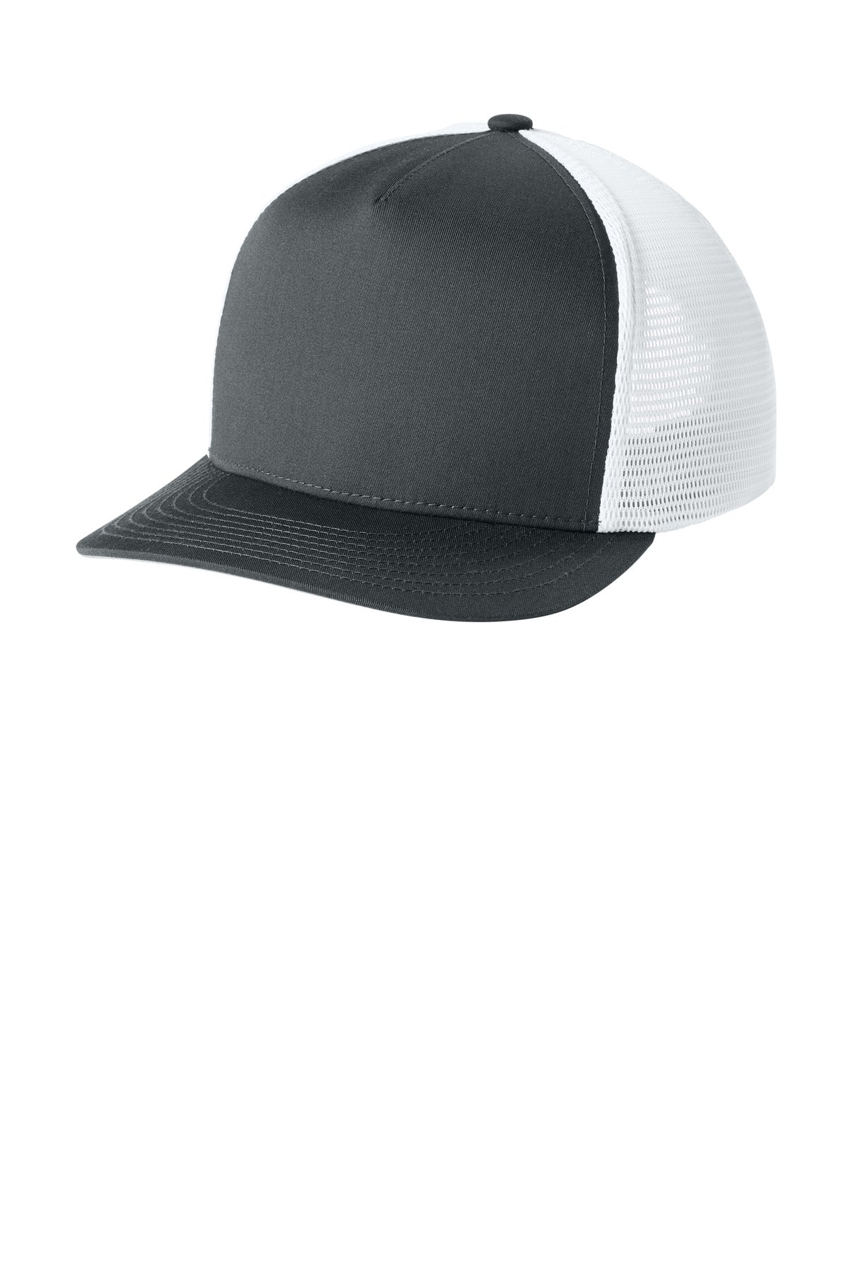 Custom Iron Grey/ White Stretch-Tek 5-Panel Trucker Cap STC75, personalized by SanCanDo Swag in Argyle, TX