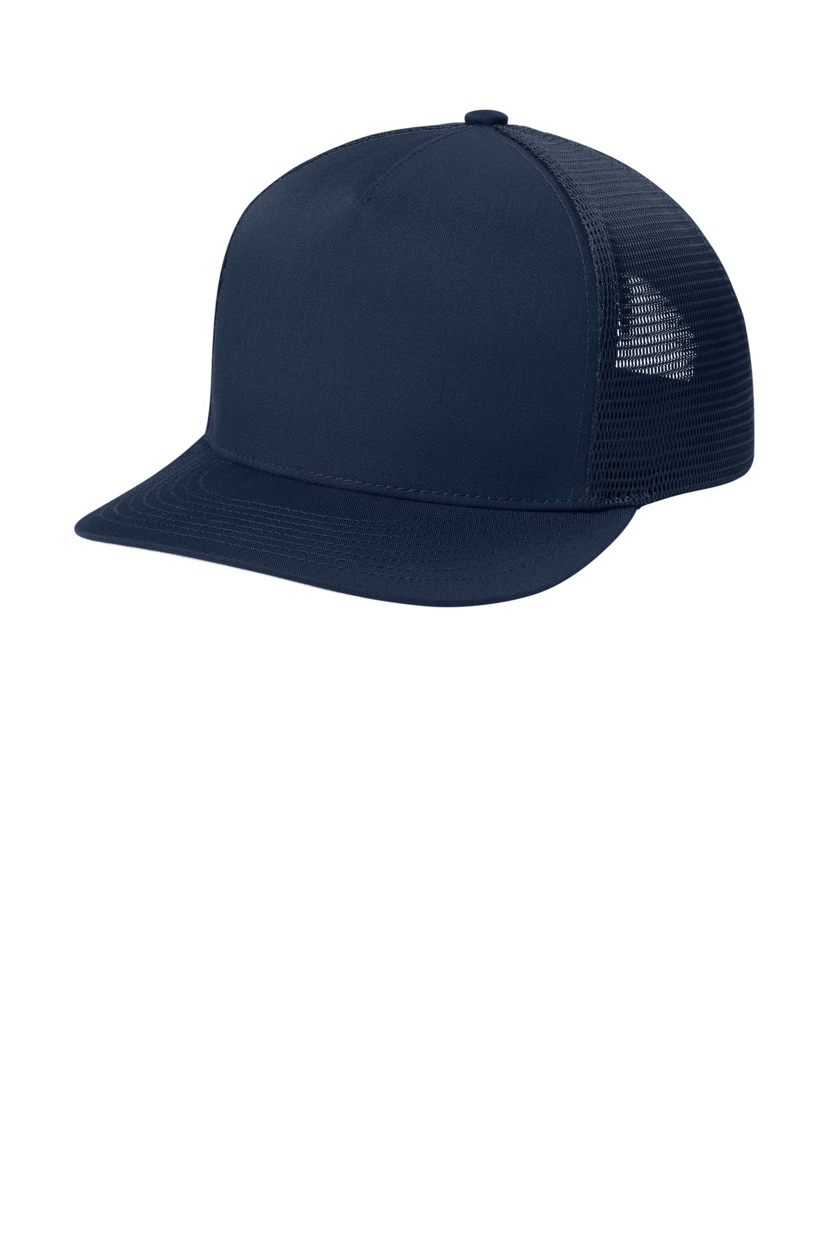 Custom True Navy/ True Navy Stretch-Tek 5-Panel Trucker Cap STC75, personalized by SanCanDo Swag in Argyle, TX