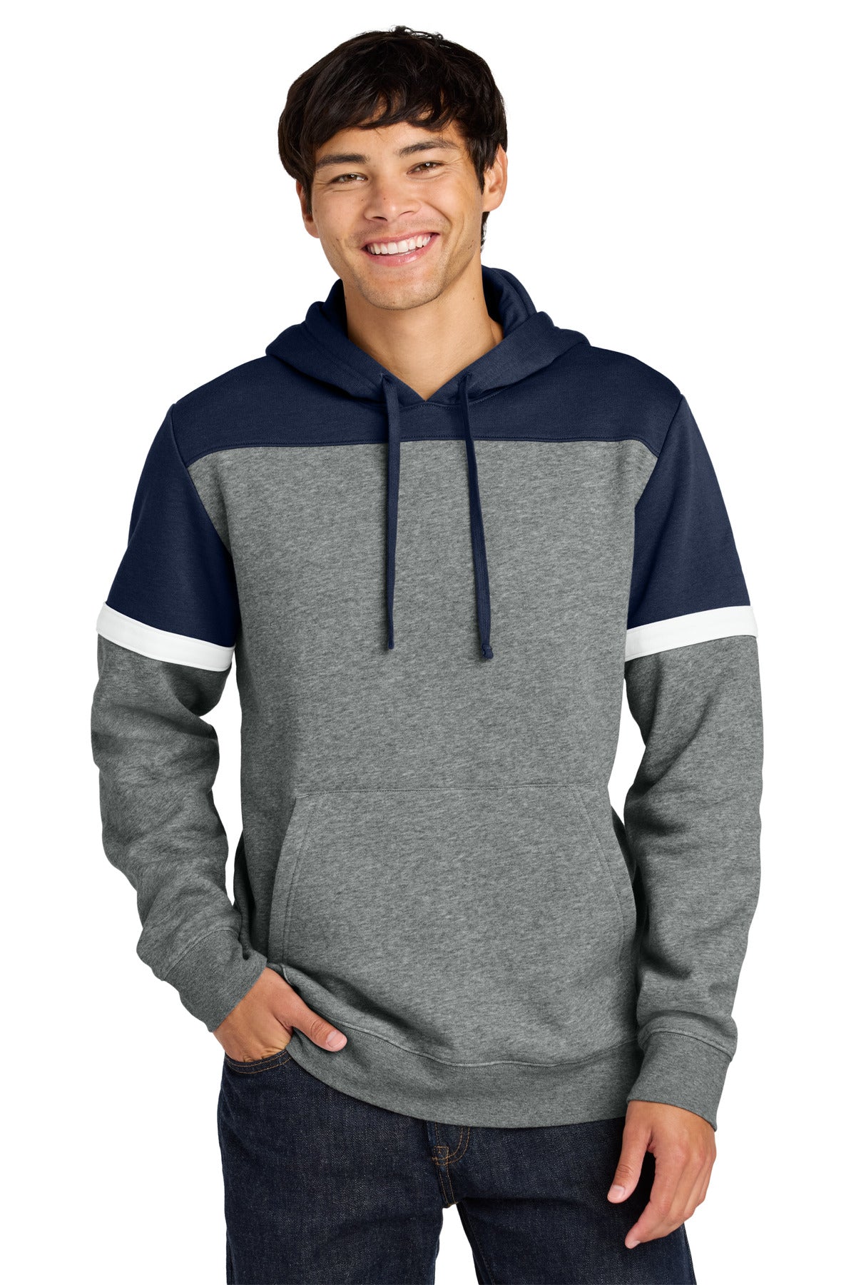 Custom True Navy/ Vintage Heather Drive Fleece Colorblock Hoodie STF205, personalized by SanCanDo Swag in Argyle, TX