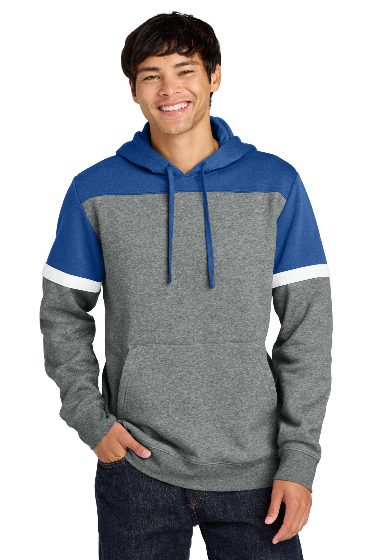 Custom True Royal/ Vintage Heather Drive Fleece Colorblock Hoodie STF205, personalized by SanCanDo Swag in Argyle, TX