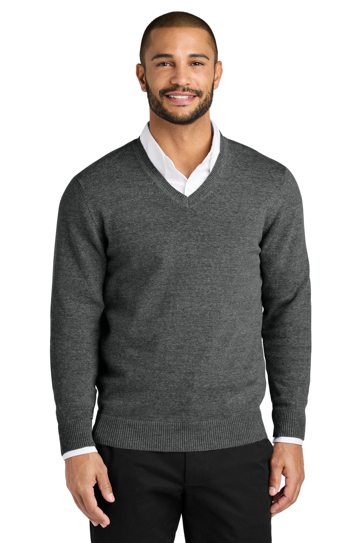 Custom Charcoal Heather Easy Care V-Neck Sweater SW2850, personalized by SanCanDo Swag in Argyle, TX