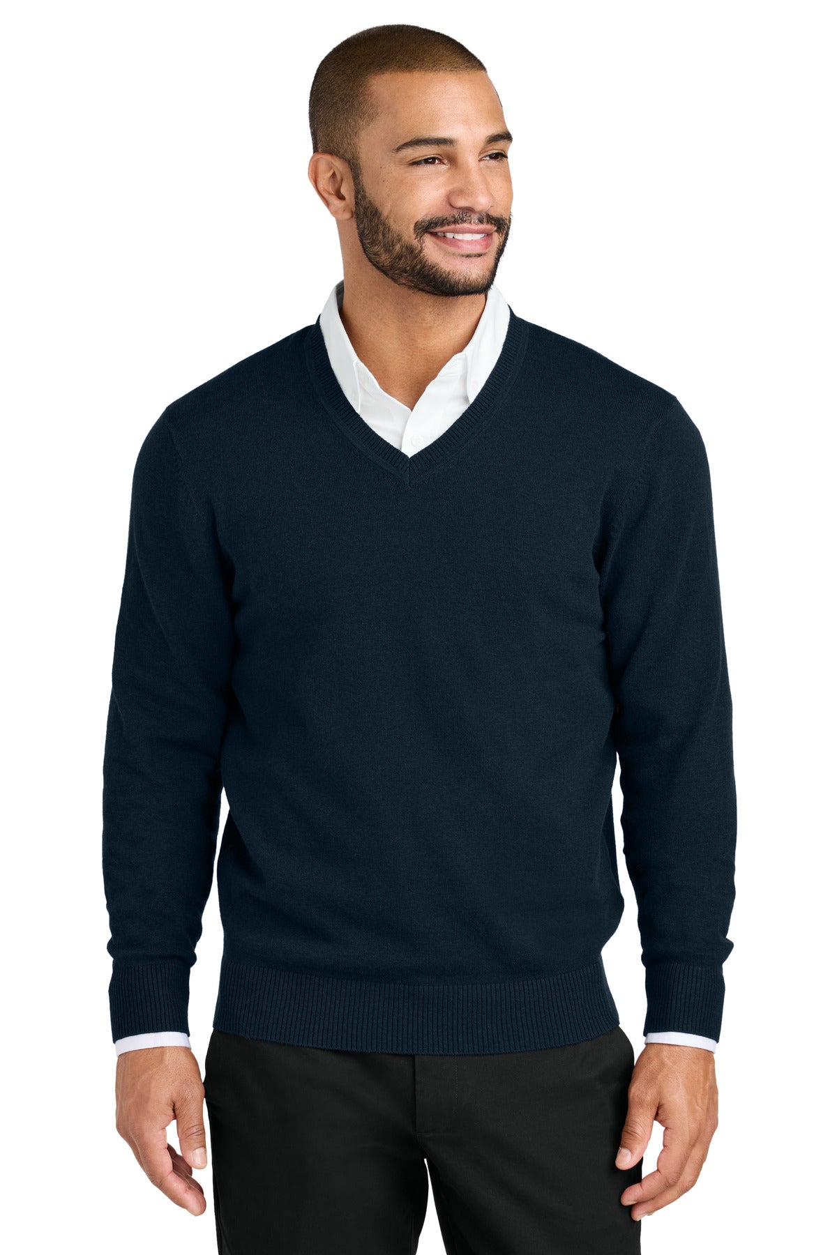 Custom River Blue Navy Easy Care V-Neck Sweater SW2850, personalized by SanCanDo Swag in Argyle, TX