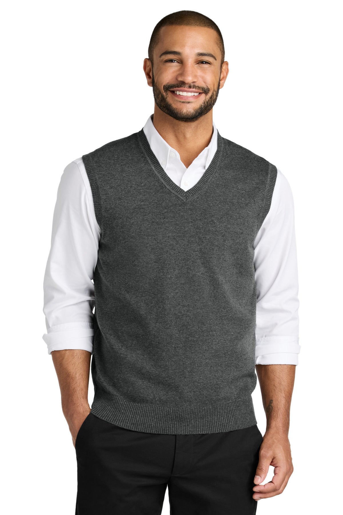 Custom Charcoal Heather Easy Care Sweater Vest SW2860, personalized by SanCanDo Swag in Argyle, TX