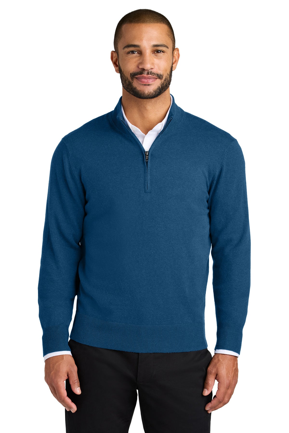 Custom Aegean Blue Heather Easy Care 1/4-Zip Sweater SW2900, personalized by SanCanDo Swag in Argyle, TX