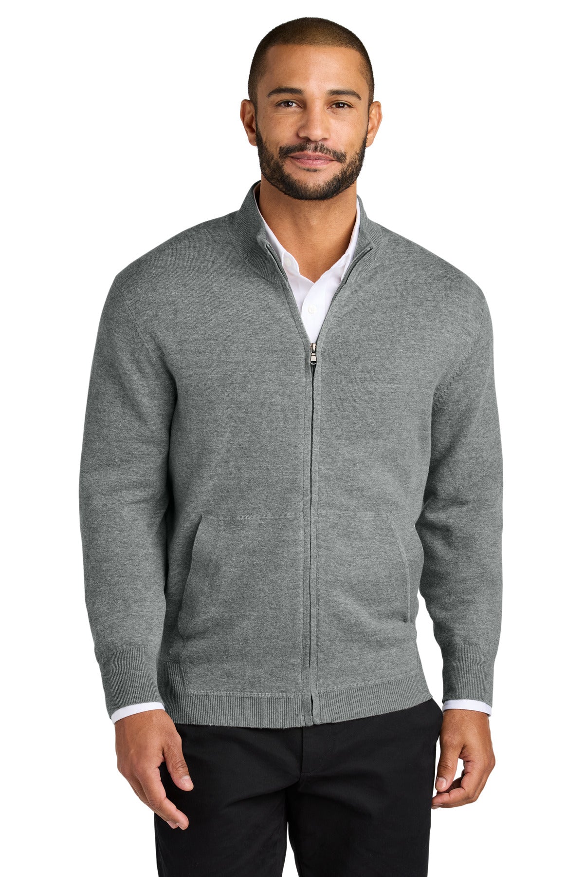 Custom Medium Heather Grey Easy Care Full-Zip Sweater SW2901, personalized by SanCanDo Swag in Argyle, TX