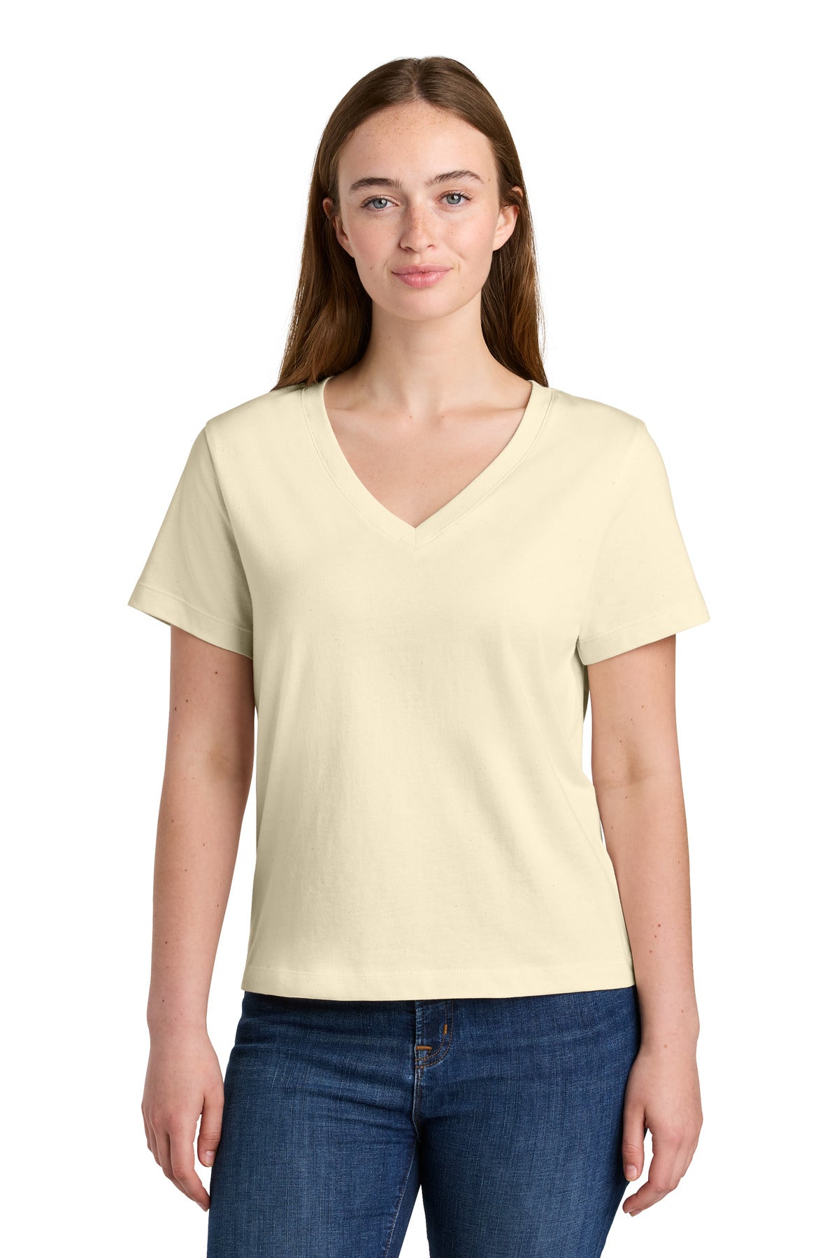 Custom Natural Raw Women's Stella Isla V-Neck Tee SXW032, personalized by SanCanDo Swag in Argyle, TX