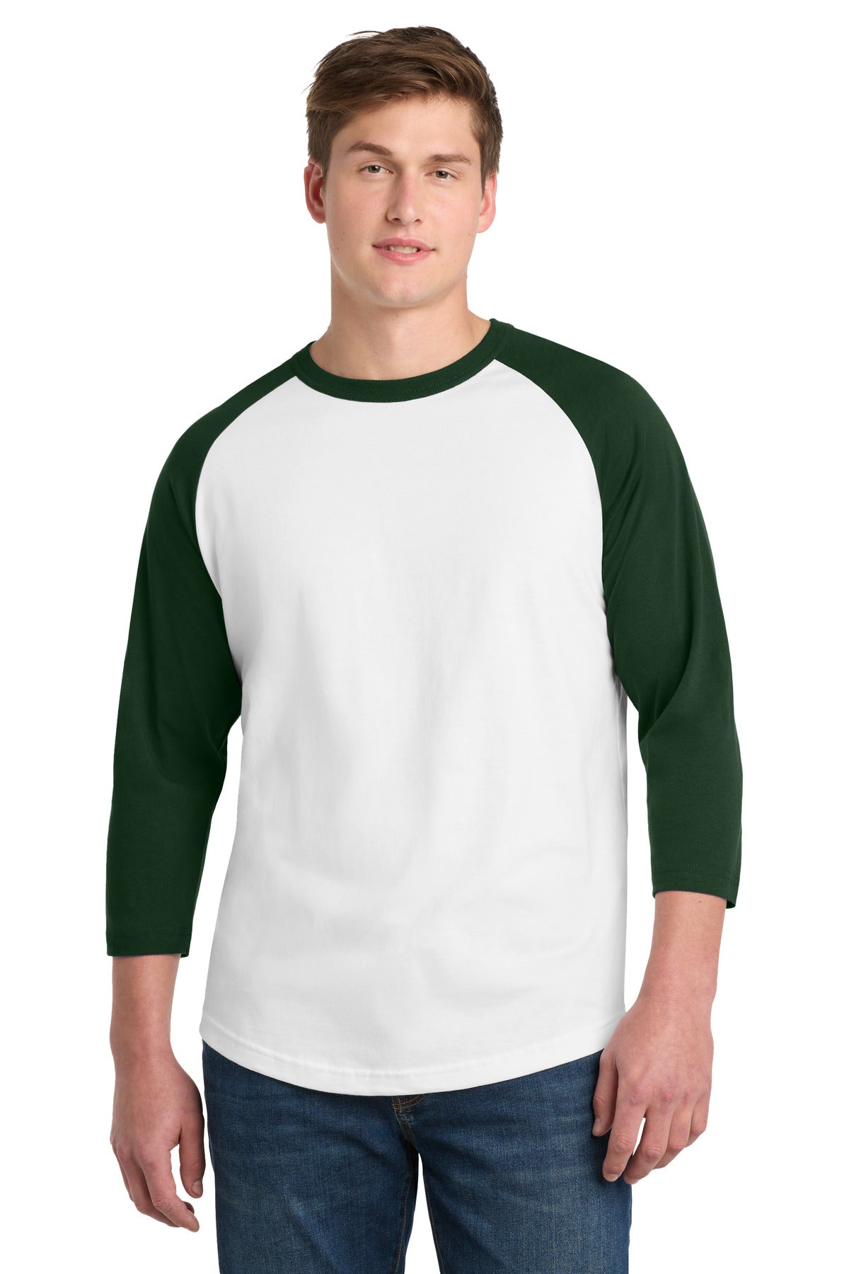Custom White/ Forest Colorblock Raglan Jersey T200, personalized by SanCanDo Swag in Argyle, TX