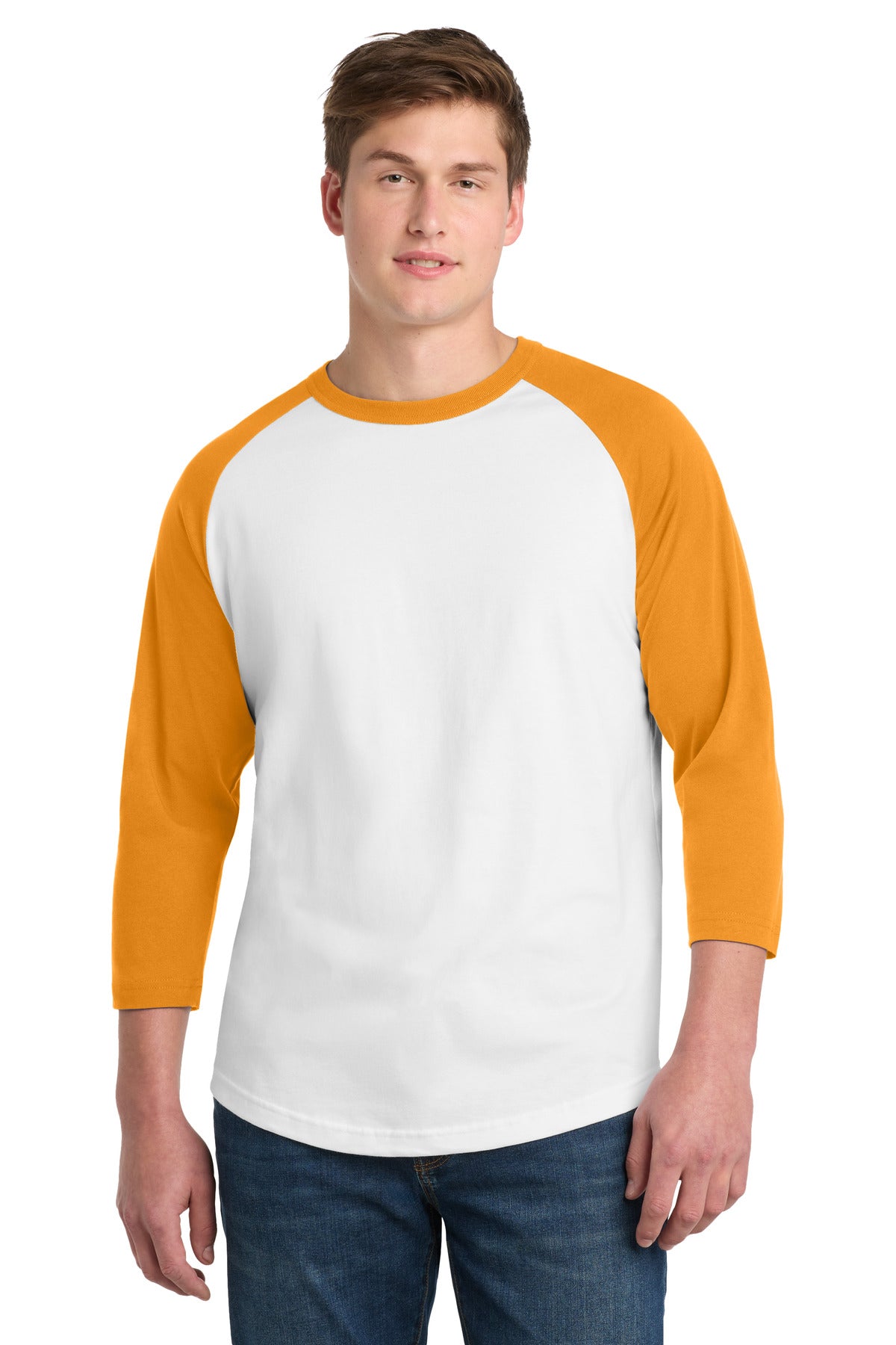 Custom White/ Gold Colorblock Raglan Jersey T200, personalized by SanCanDo Swag in Argyle, TX