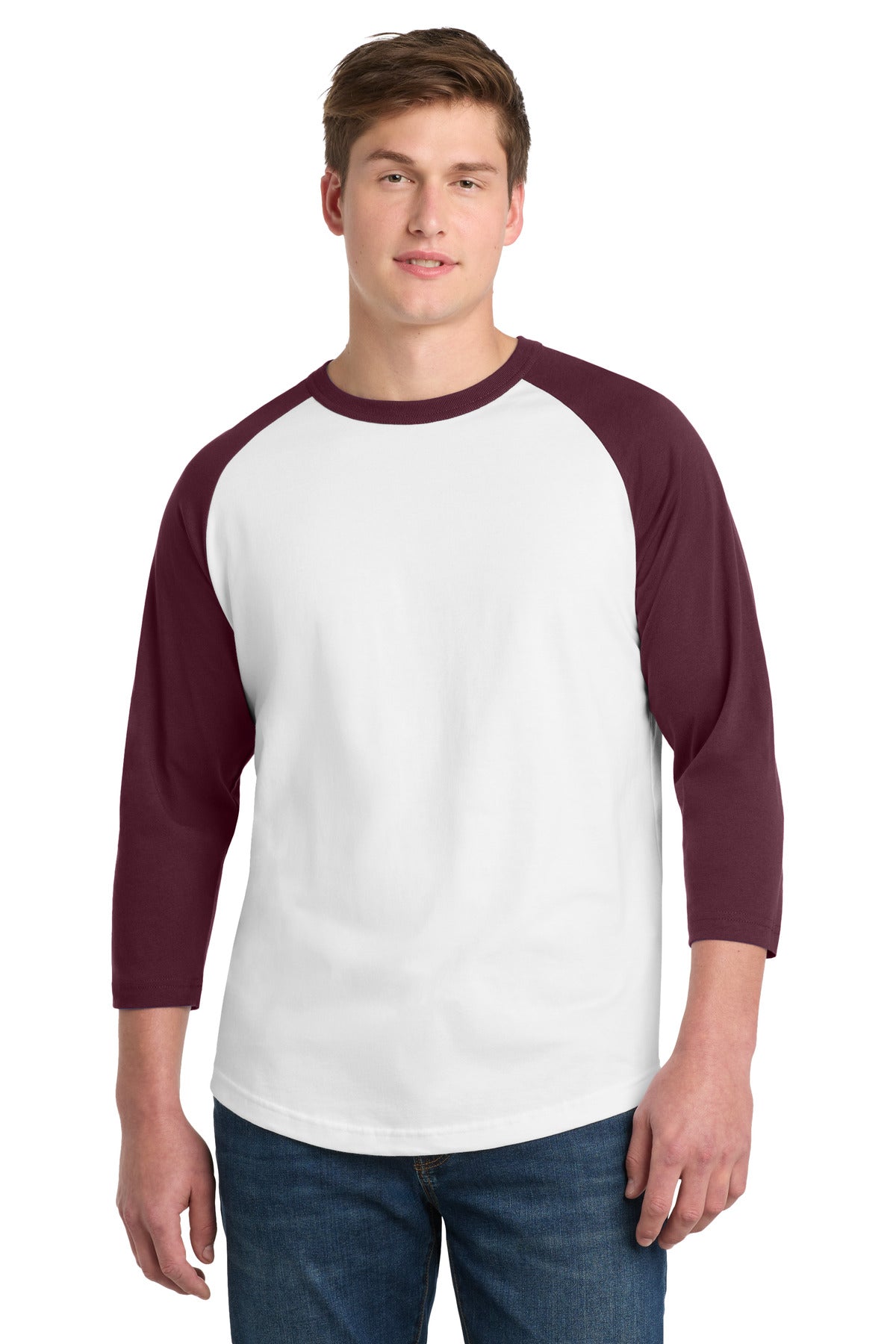 Custom White/ Maroon Colorblock Raglan Jersey T200, personalized by SanCanDo Swag in Argyle, TX