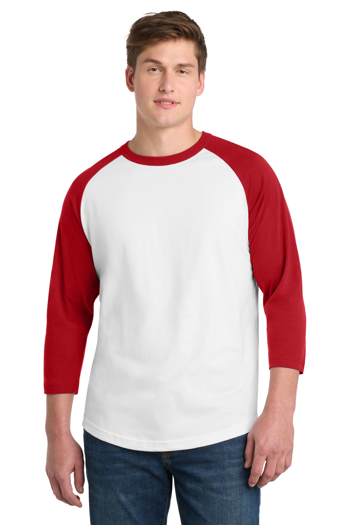 Custom White/ Red Colorblock Raglan Jersey T200, personalized by SanCanDo Swag in Argyle, TX