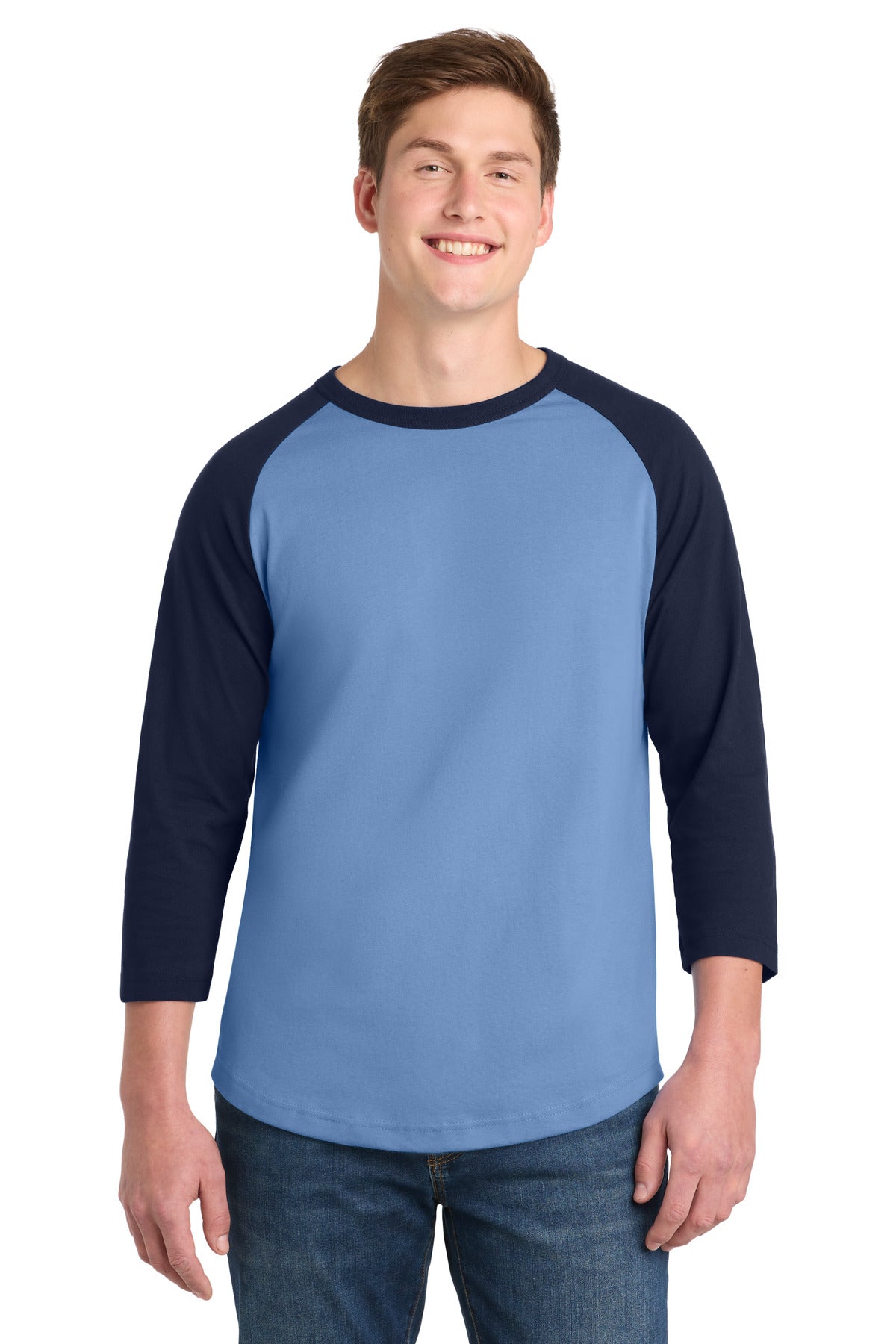 Custom Carolina Blue/ Navy Colorblock Raglan Jersey T200, personalized by SanCanDo Swag in Argyle, TX