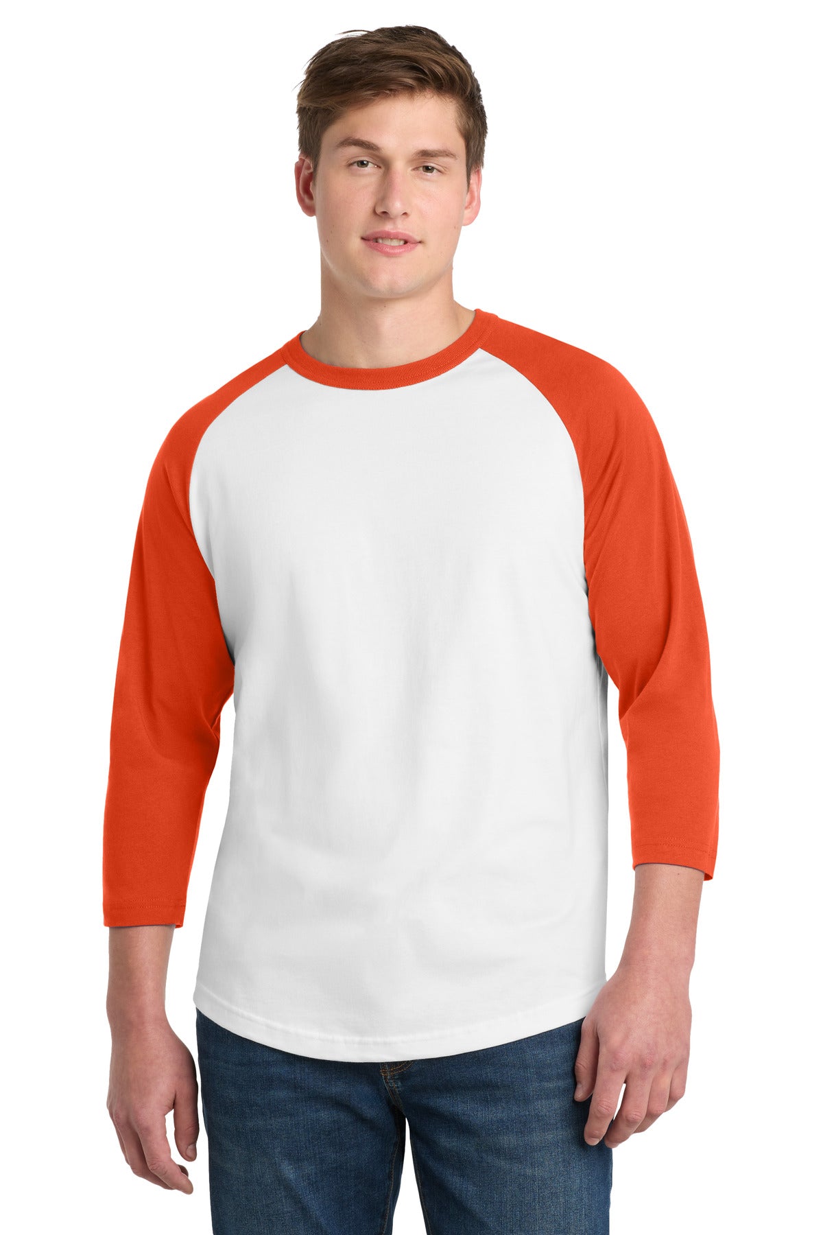 Custom White/ Deep Orange Colorblock Raglan Jersey T200, personalized by SanCanDo Swag in Argyle, TX
