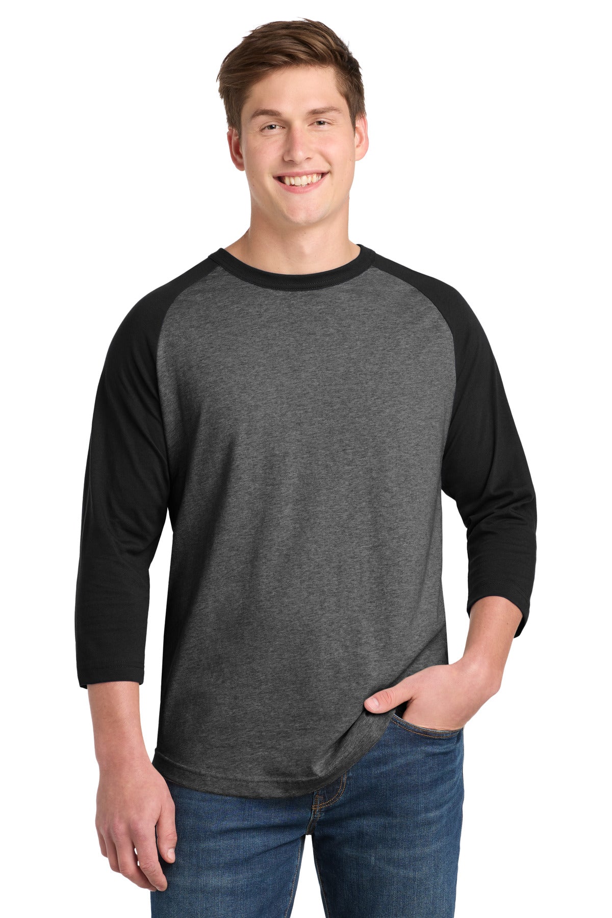 Custom Dark Heather Grey/ Black Colorblock Raglan Jersey T200, personalized by SanCanDo Swag in Argyle, TX
