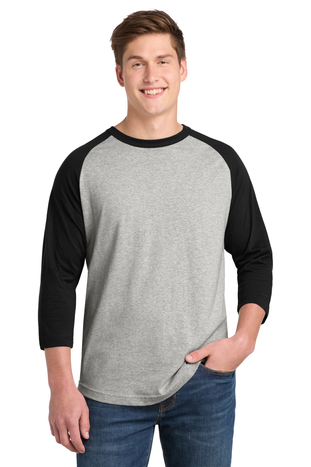 Custom Heather Grey/ Black Colorblock Raglan Jersey T200, personalized by SanCanDo Swag in Argyle, TX