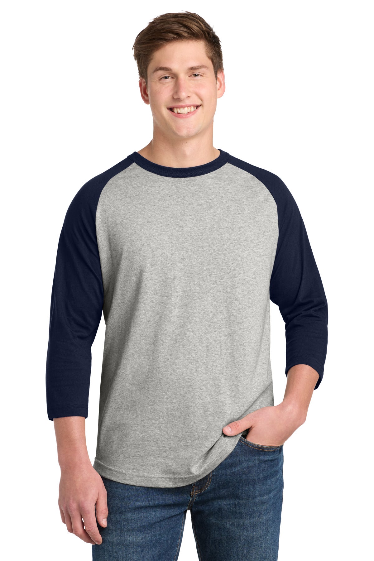 Custom Heather Grey/ Navy Colorblock Raglan Jersey T200, personalized by SanCanDo Swag in Argyle, TX