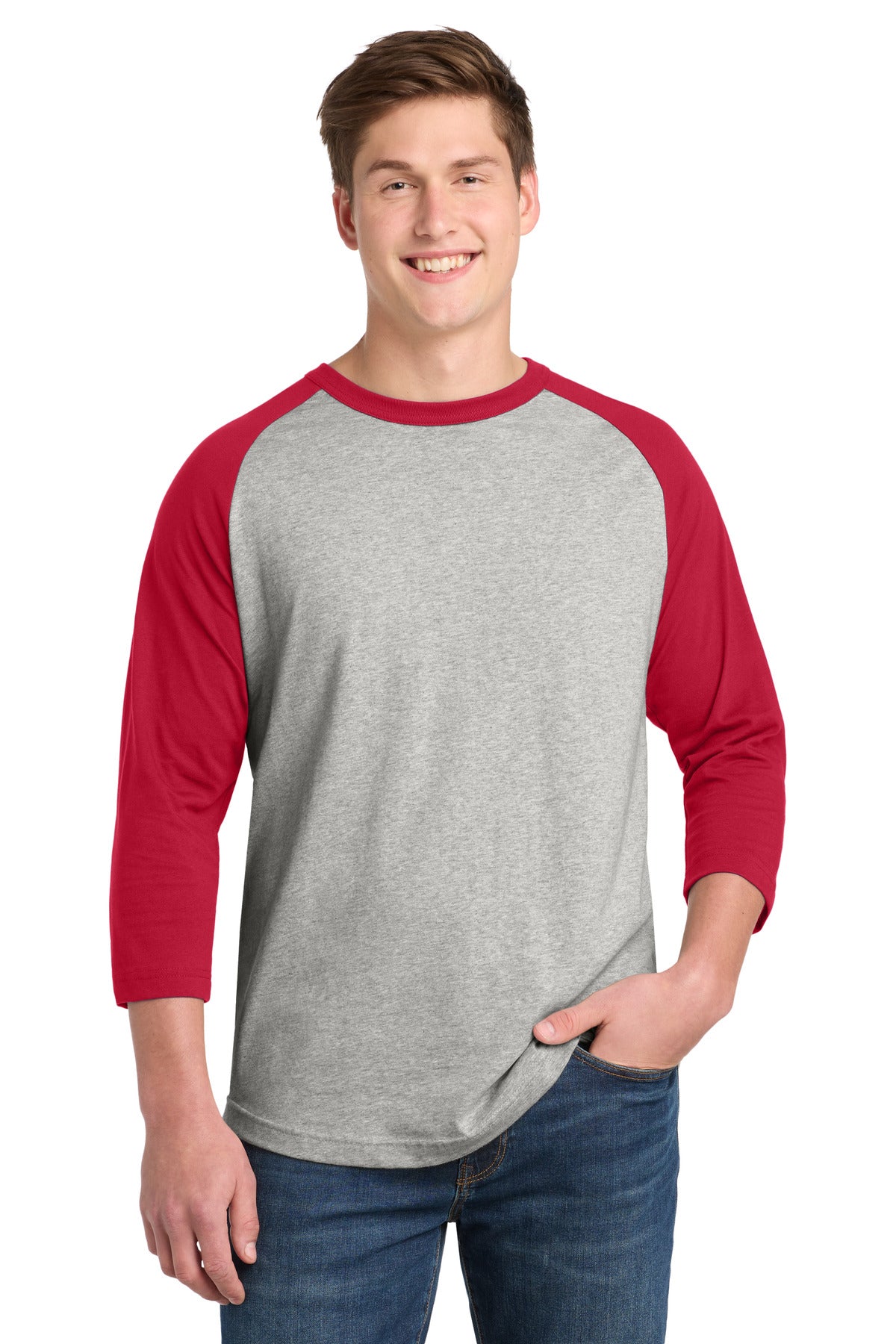Custom Heather Grey/ Red Colorblock Raglan Jersey T200, personalized by SanCanDo Swag in Argyle, TX