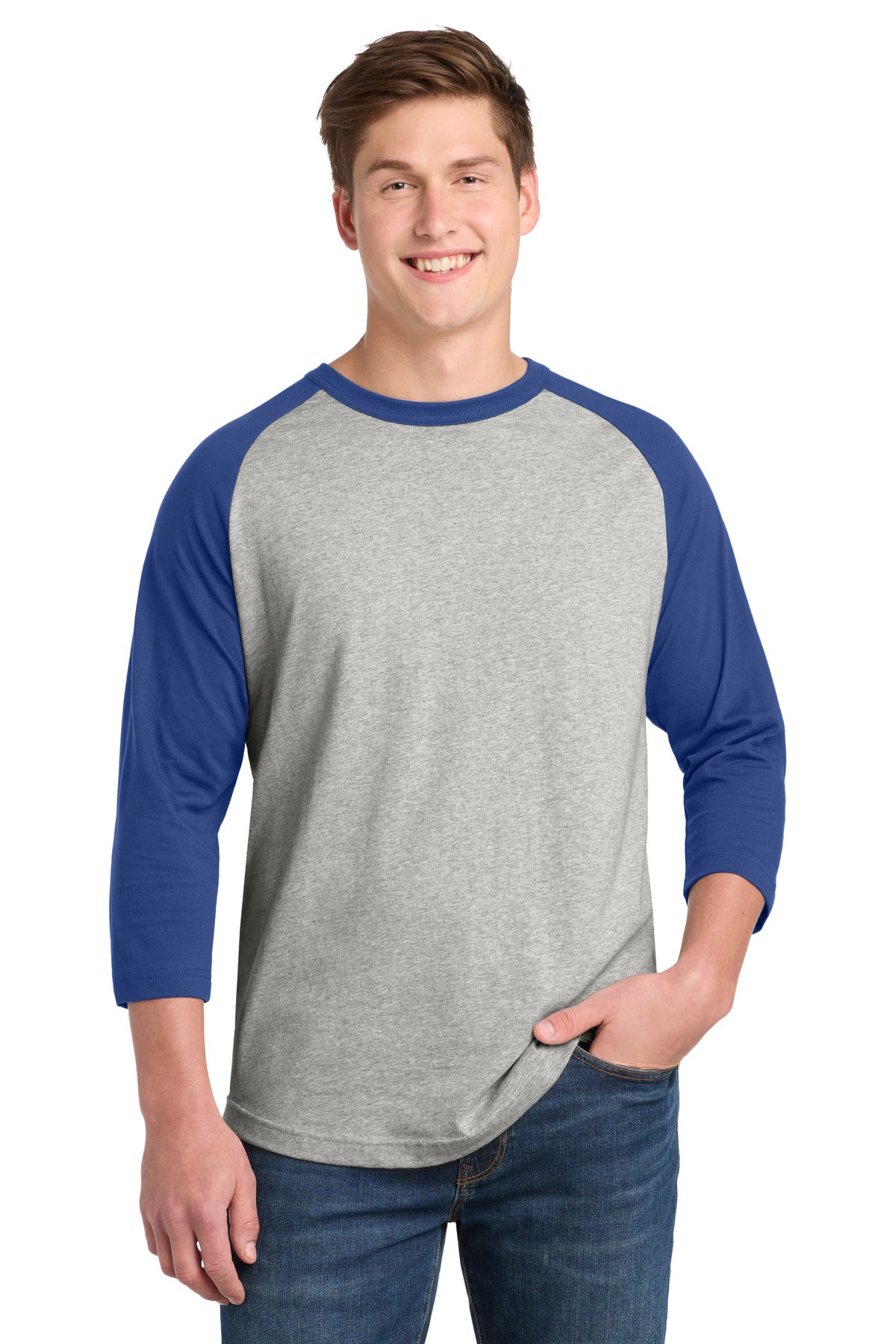 Custom Heather Grey/ Royal Colorblock Raglan Jersey T200, personalized by SanCanDo Swag in Argyle, TX