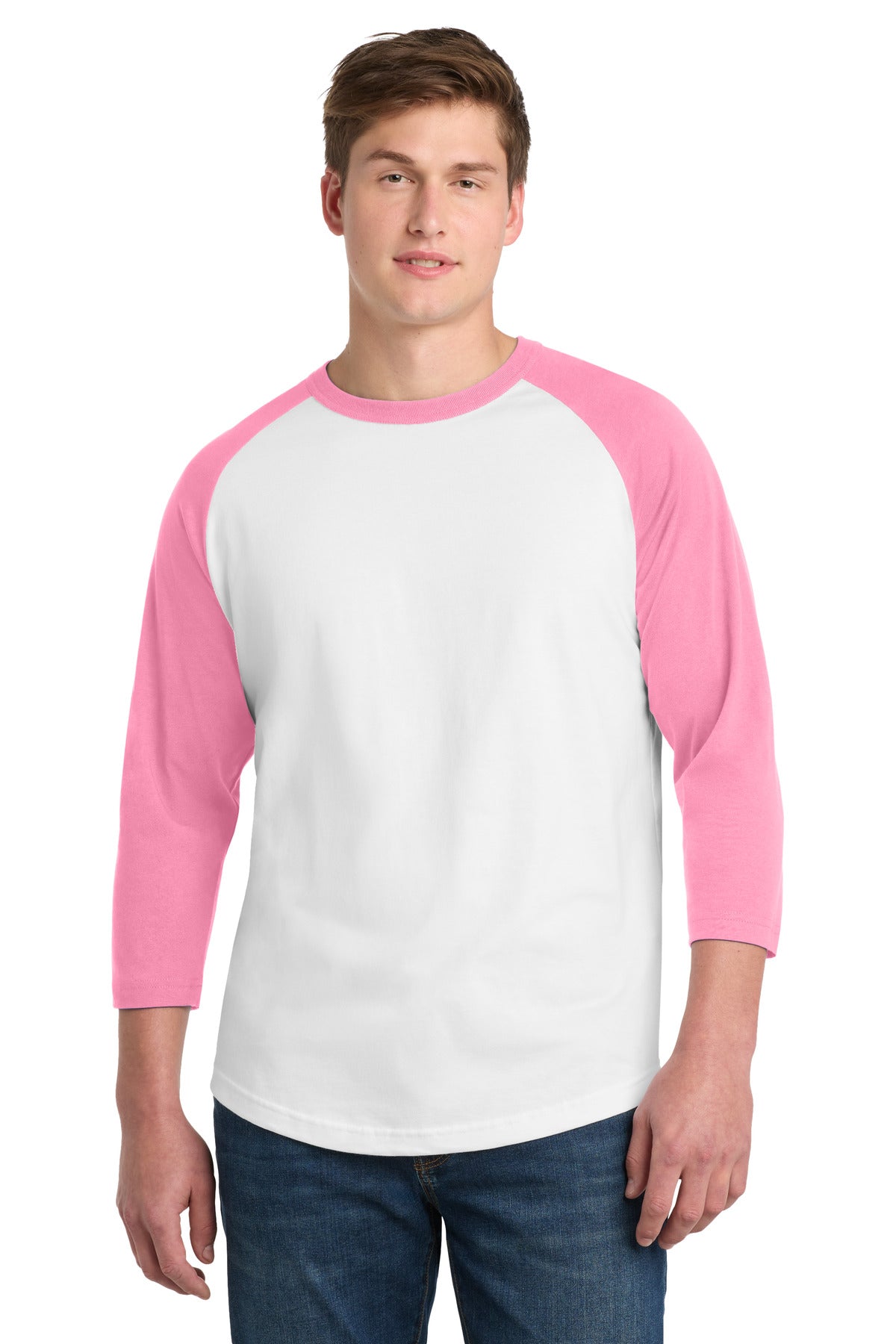 Custom White/ Bright Pink Colorblock Raglan Jersey T200, personalized by SanCanDo Swag in Argyle, TX