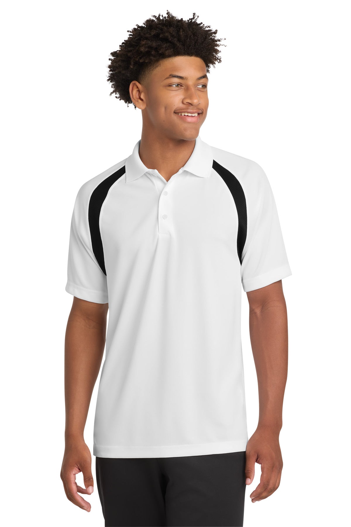 Custom White/ Black Dry Zone Colorblock Raglan Polo T476, personalized by SanCanDo Swag in Argyle, TX