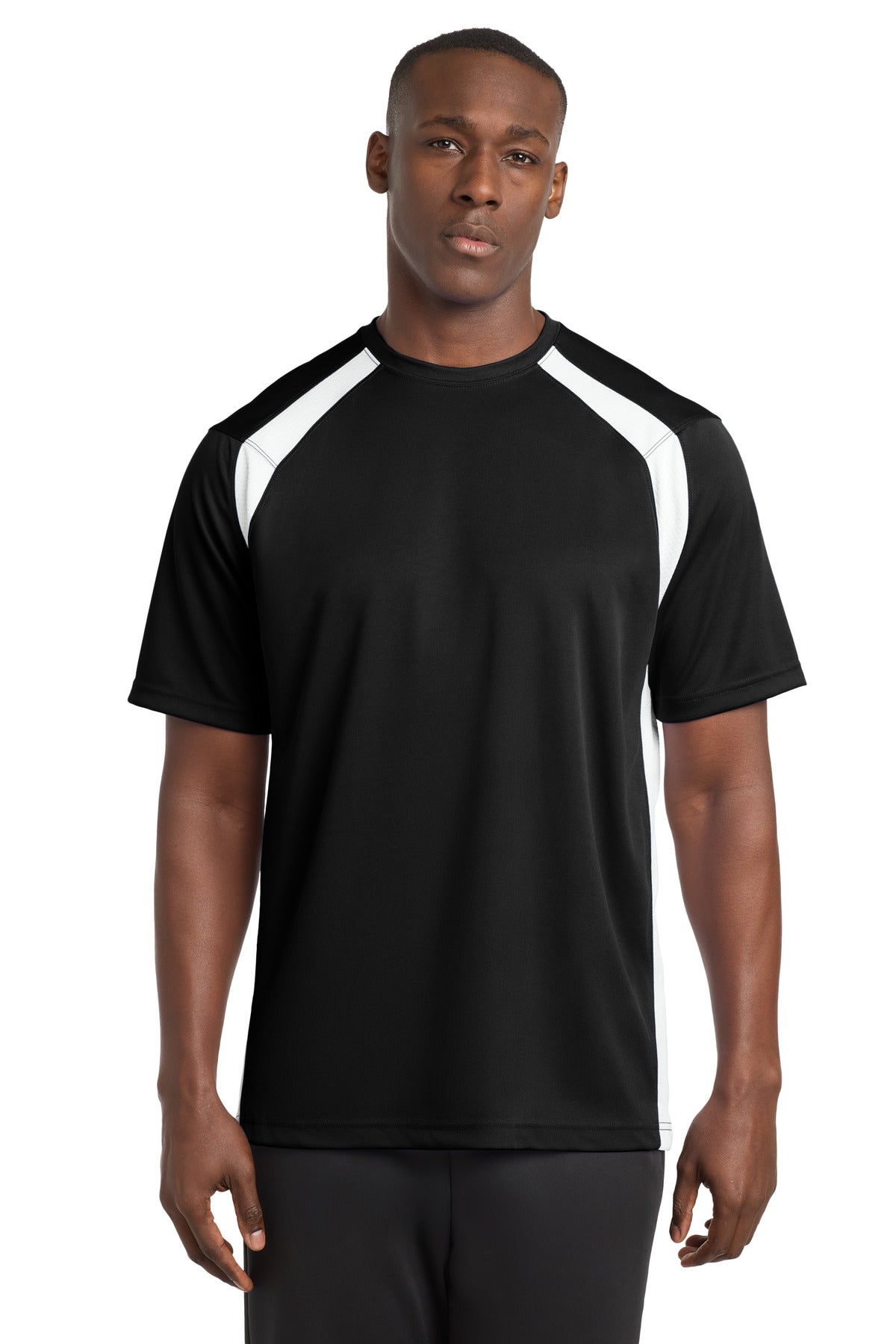 Custom Black/ White Dry Zone Colorblock Crew T478, personalized by SanCanDo Swag in Argyle, TX