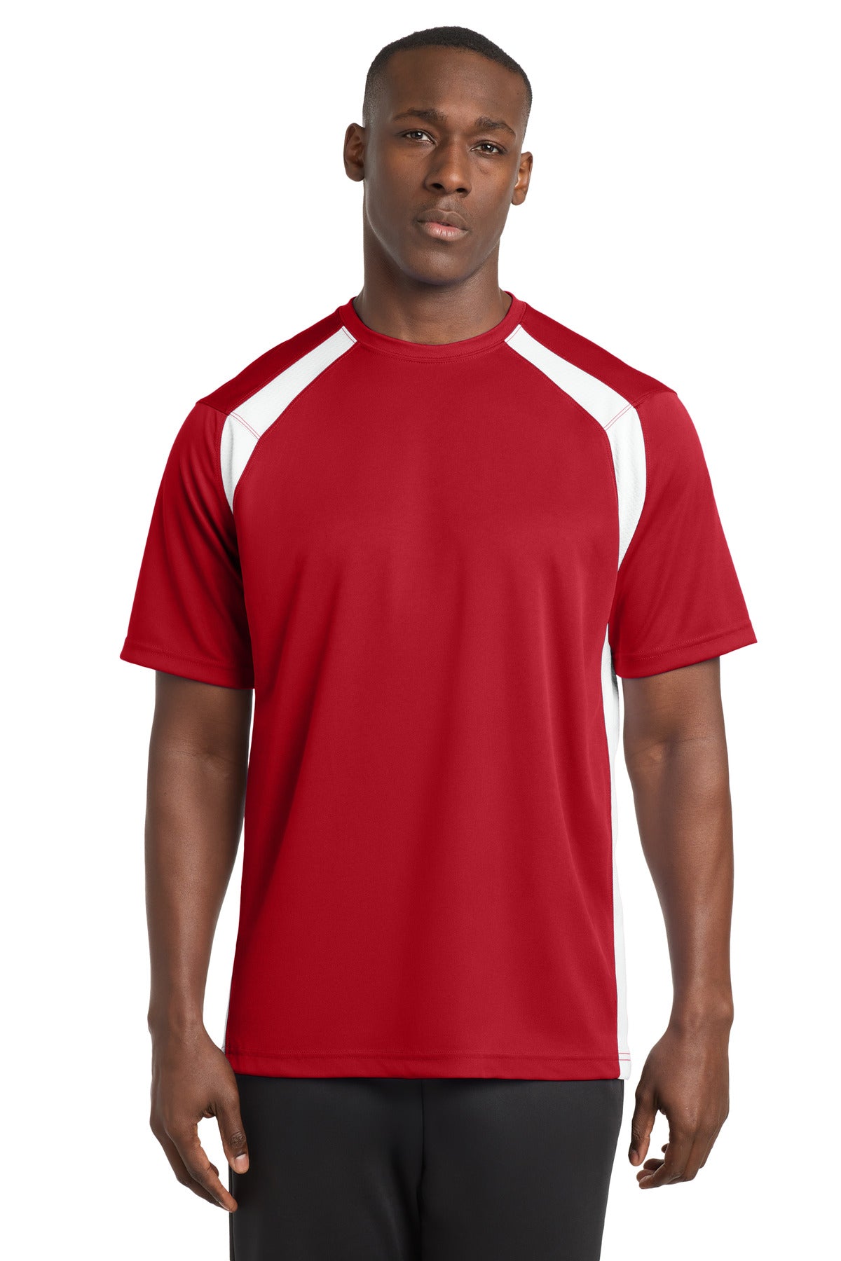 Custom True Red/ White Dry Zone Colorblock Crew T478, personalized by SanCanDo Swag in Argyle, TX