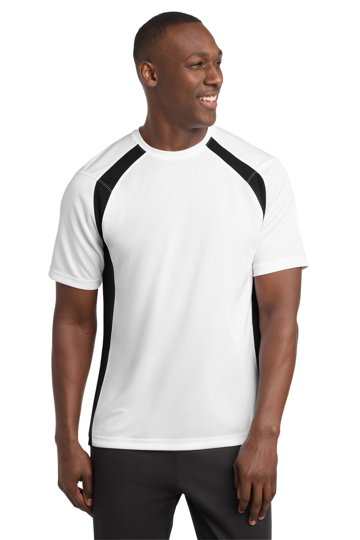 Custom White/ Black Dry Zone Colorblock Crew T478, personalized by SanCanDo Swag in Argyle, TX