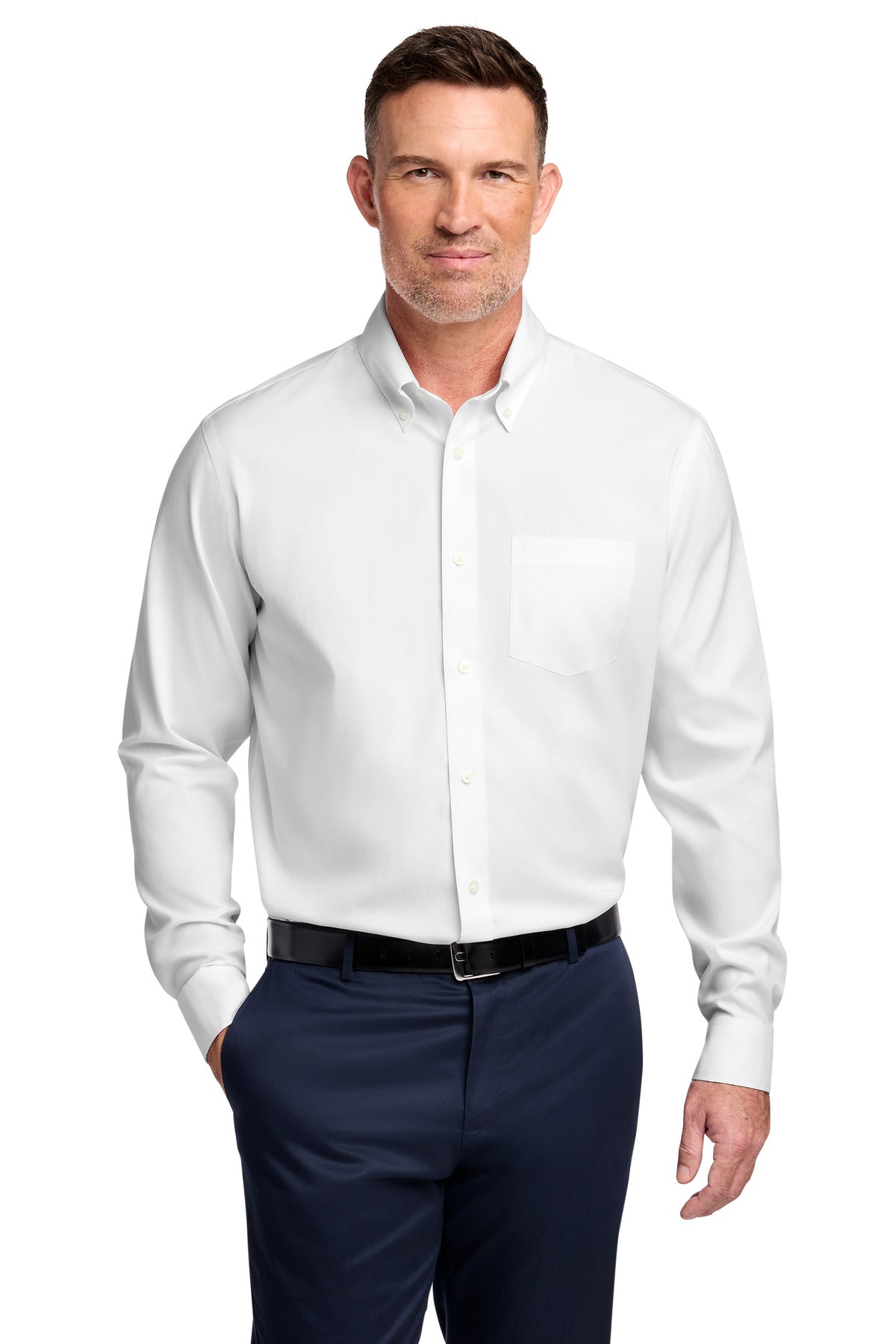 Custom White Tall Wrinkle-Free Stretch Pinpoint Shirt TBB18000, personalized by SanCanDo Swag in Argyle, TX