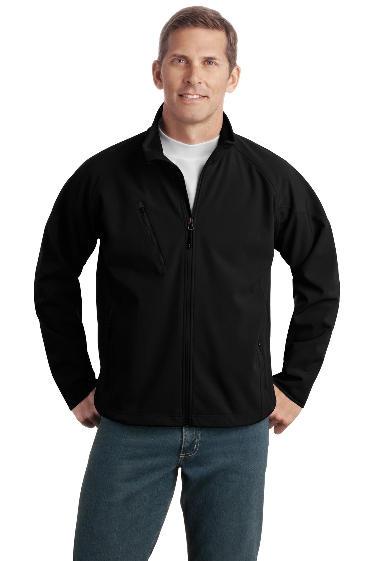 Custom Black Tall Textured Soft Shell Jacket TLJ705, personalized by SanCanDo Swag in Argyle, TX