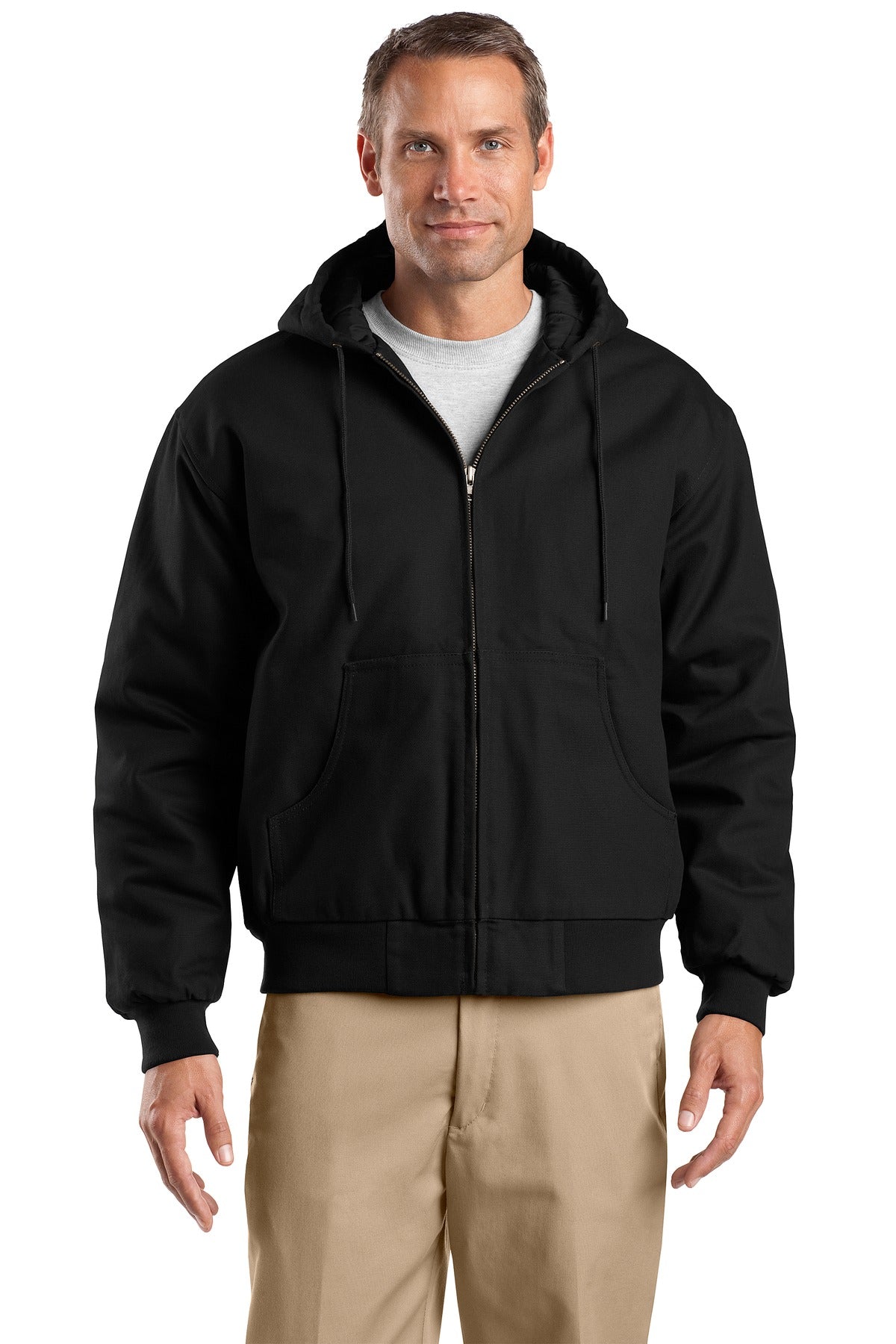Custom Black Tall Duck Cloth Hooded Work Jacket TLJ763H, personalized by SanCanDo Swag in Argyle, TX