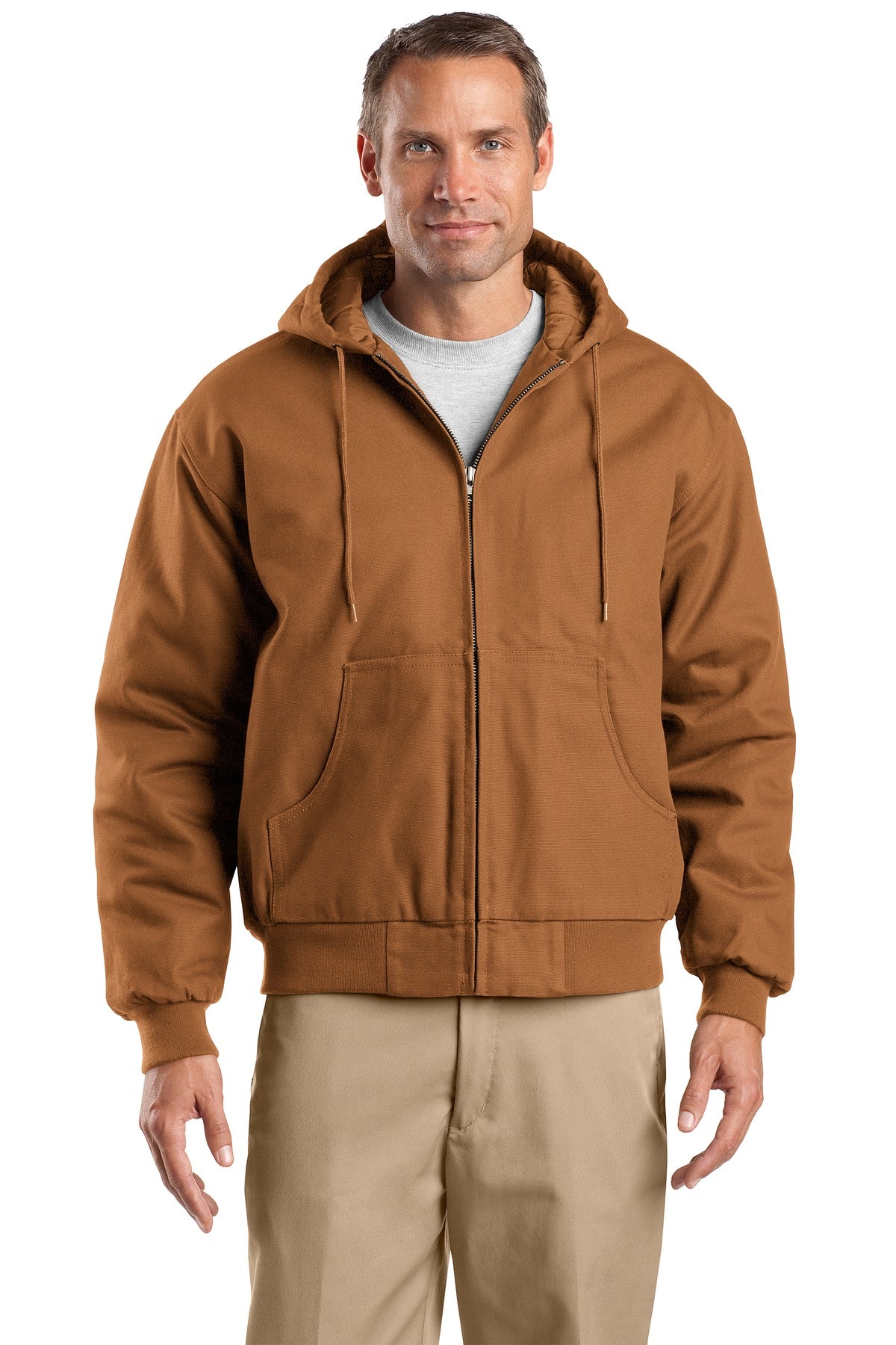 Custom Duck Brown Tall Duck Cloth Hooded Work Jacket TLJ763H, personalized by SanCanDo Swag in Argyle, TX