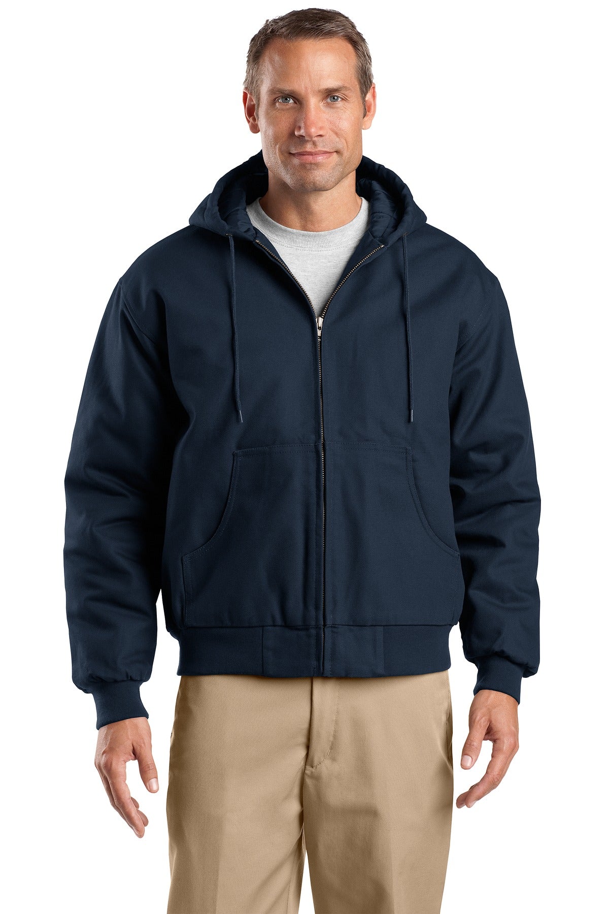 Custom Navy Tall Duck Cloth Hooded Work Jacket TLJ763H, personalized by SanCanDo Swag in Argyle, TX