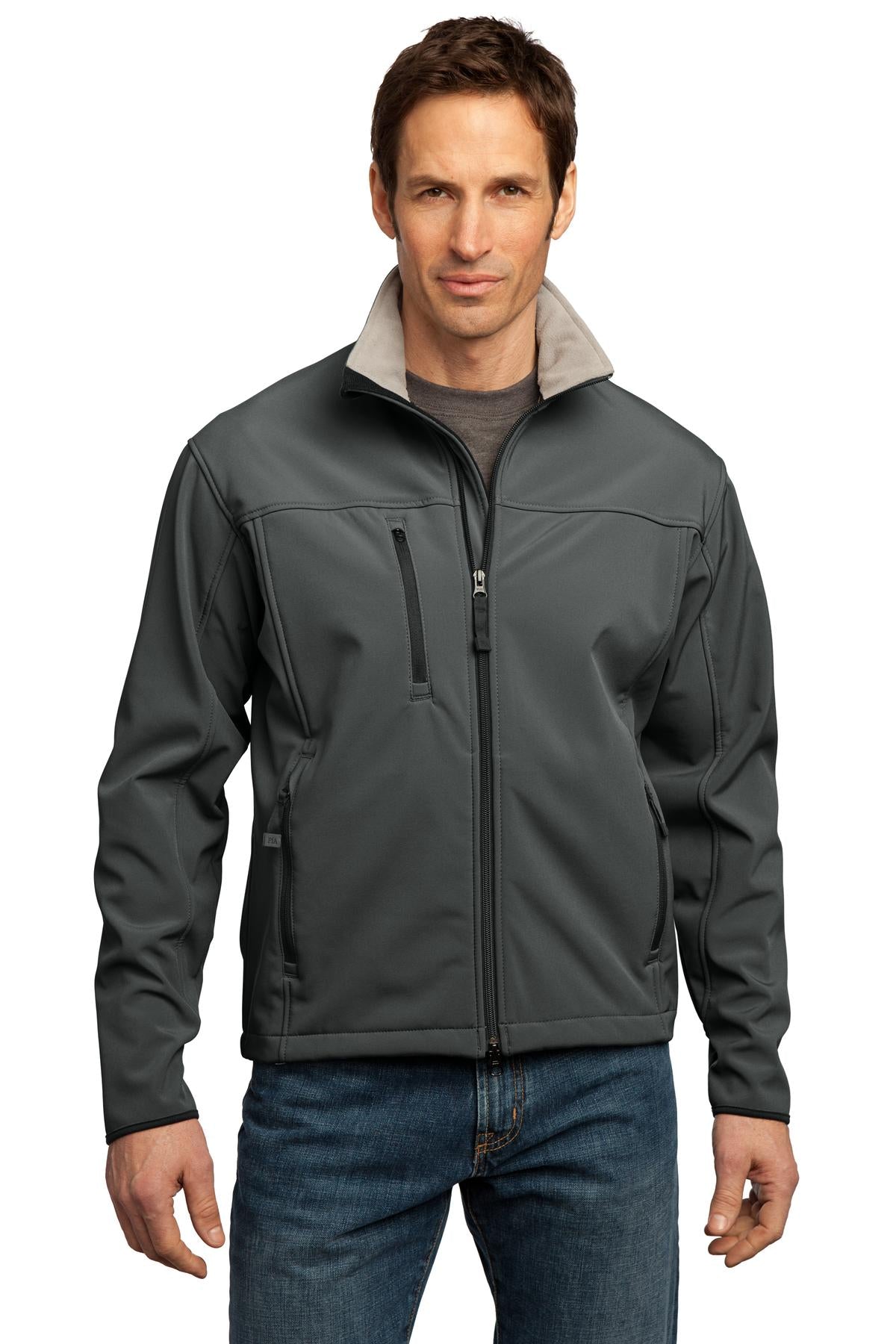 Custom Smoke Grey/ Chrome Tall Glacier Soft Shell Jacket TLJ790, personalized by SanCanDo Swag in Argyle, TX