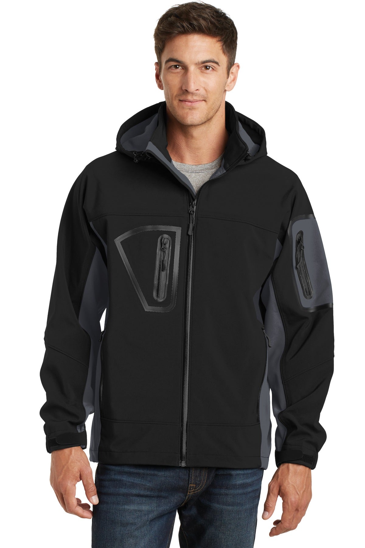 Custom Black/ Graphite Tall Waterproof Soft Shell Jacket TLJ798, personalized by SanCanDo Swag in Argyle, TX