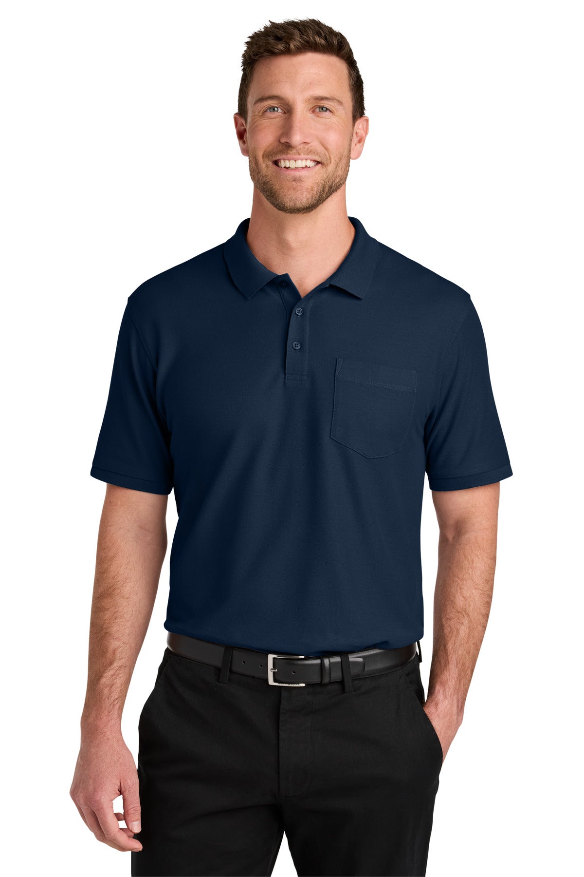 Custom River Blue Navy Tall Wearever Signature Pique Pocket Polo TLK200P, personalized by SanCanDo Swag in Argyle, TX