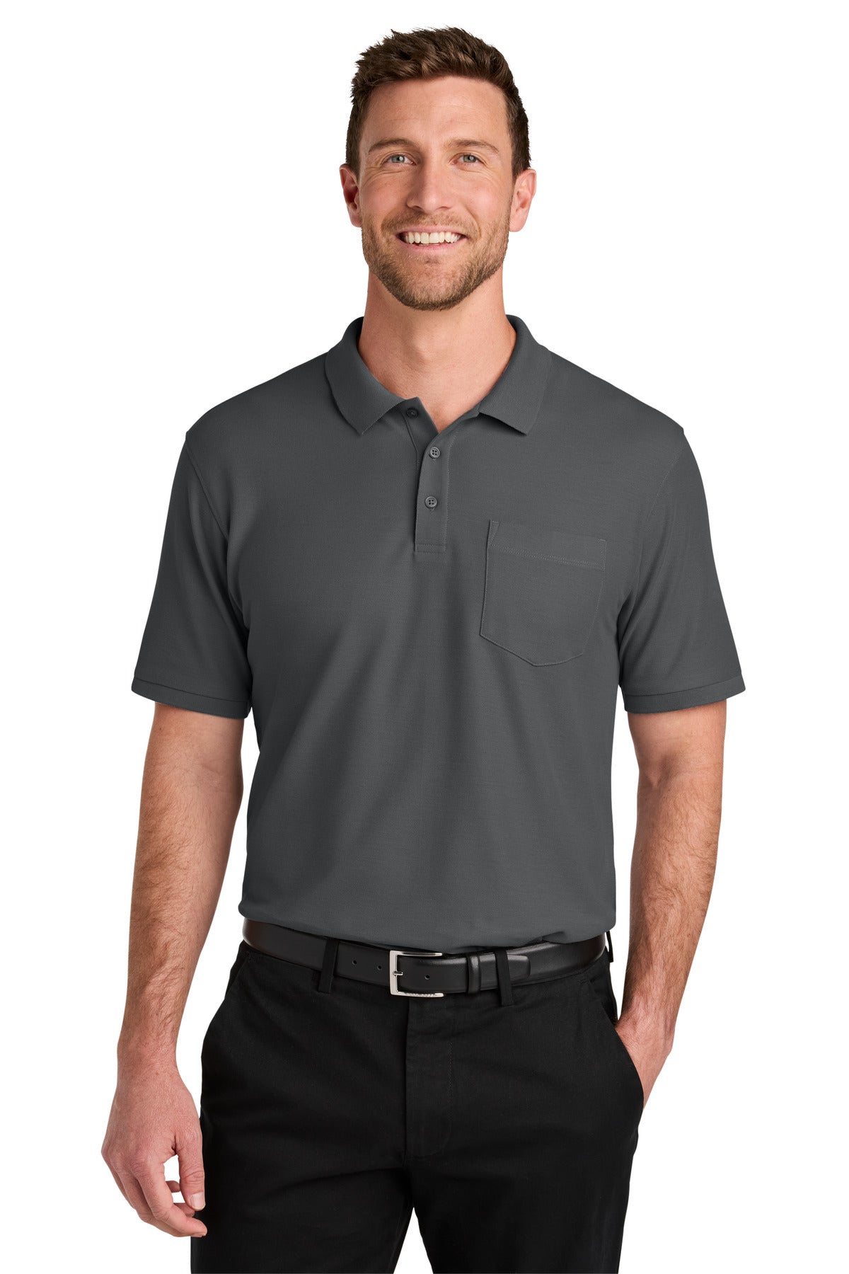 Custom Storm Grey Tall Wearever Signature Pique Pocket Polo TLK200P, personalized by SanCanDo Swag in Argyle, TX